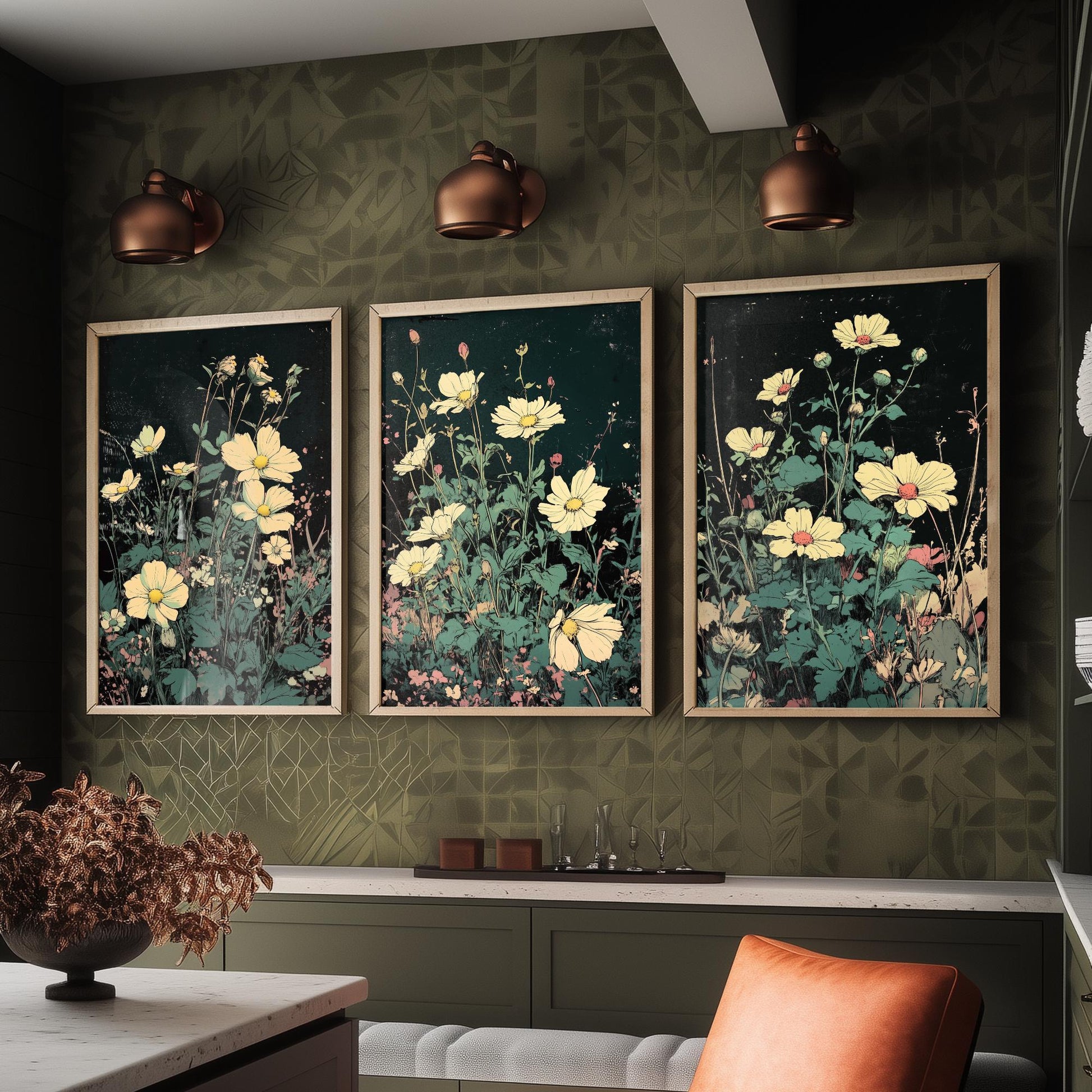 Wildflower Daisies Set of Three Art Prints | Moody Dark Botanical Illustration Poster
