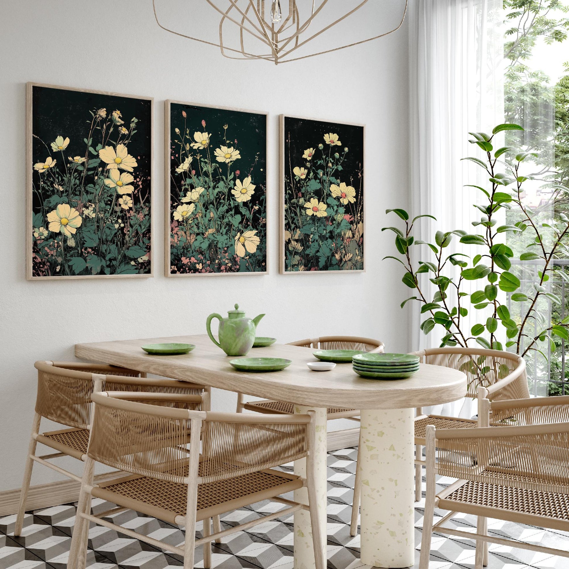 Wildflower Daisies Set of Three Art Prints | Moody Dark Botanical Illustration Poster