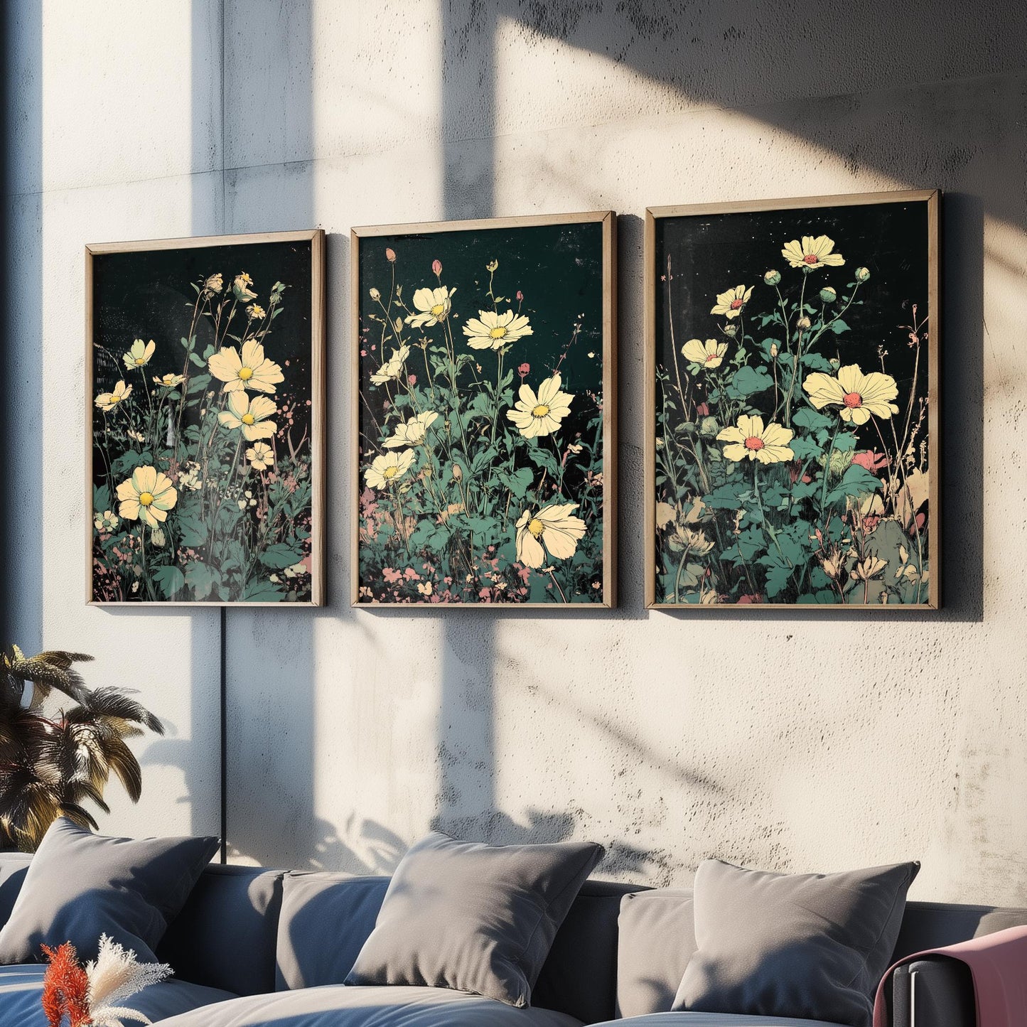 Wildflower Daisies Set of Three Art Prints | Moody Dark Botanical Illustration Poster
