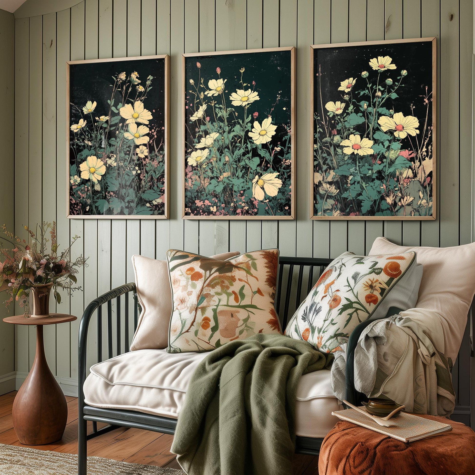 Wildflower Daisies Set of Three Art Prints | Moody Dark Botanical Illustration Poster