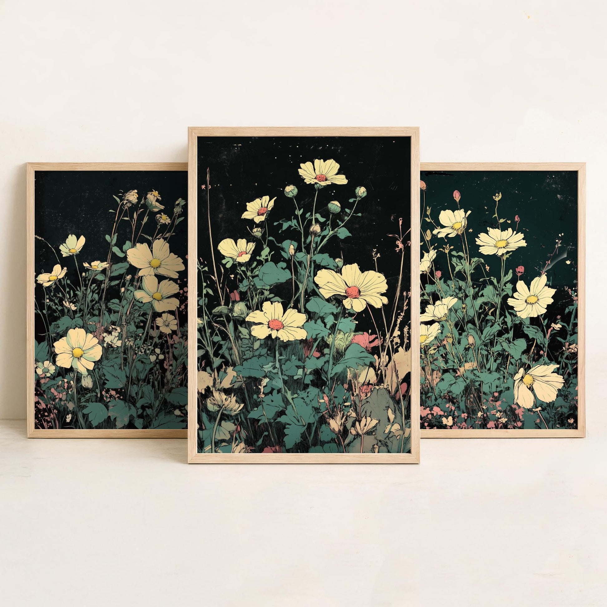 Wildflower Daisies Set of Three Art Prints | Moody Dark Botanical Illustration Poster
