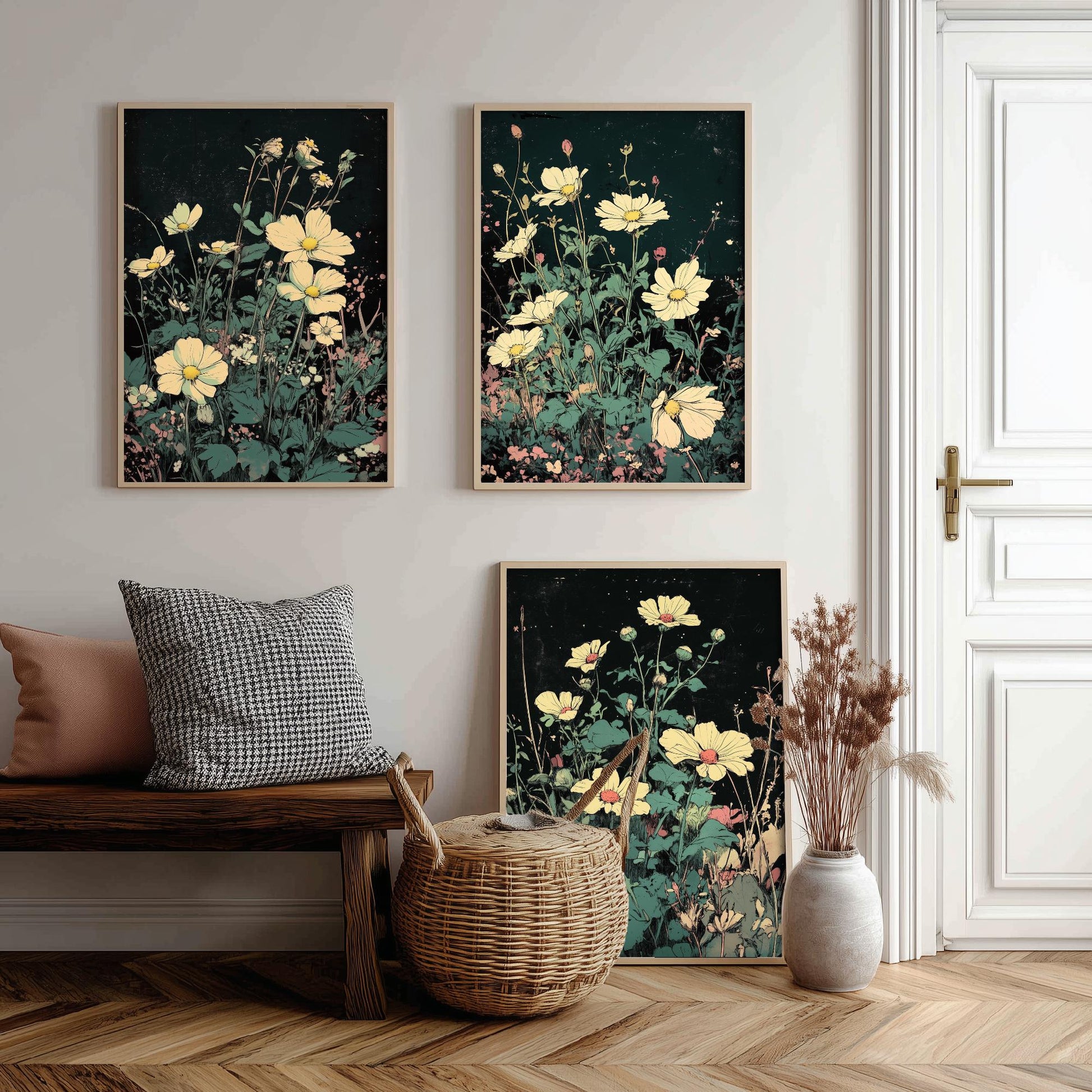 Wildflower Daisies Set of Three Art Prints | Moody Dark Botanical Illustration Poster