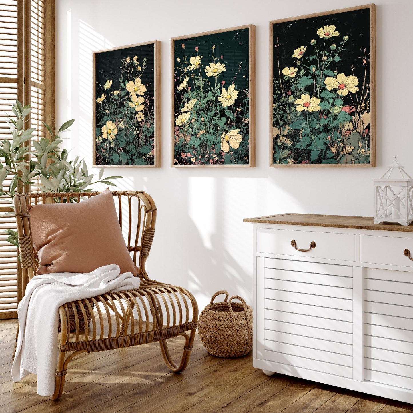Wildflower Daisies Set of Three Art Prints | Moody Dark Botanical Illustration Poster