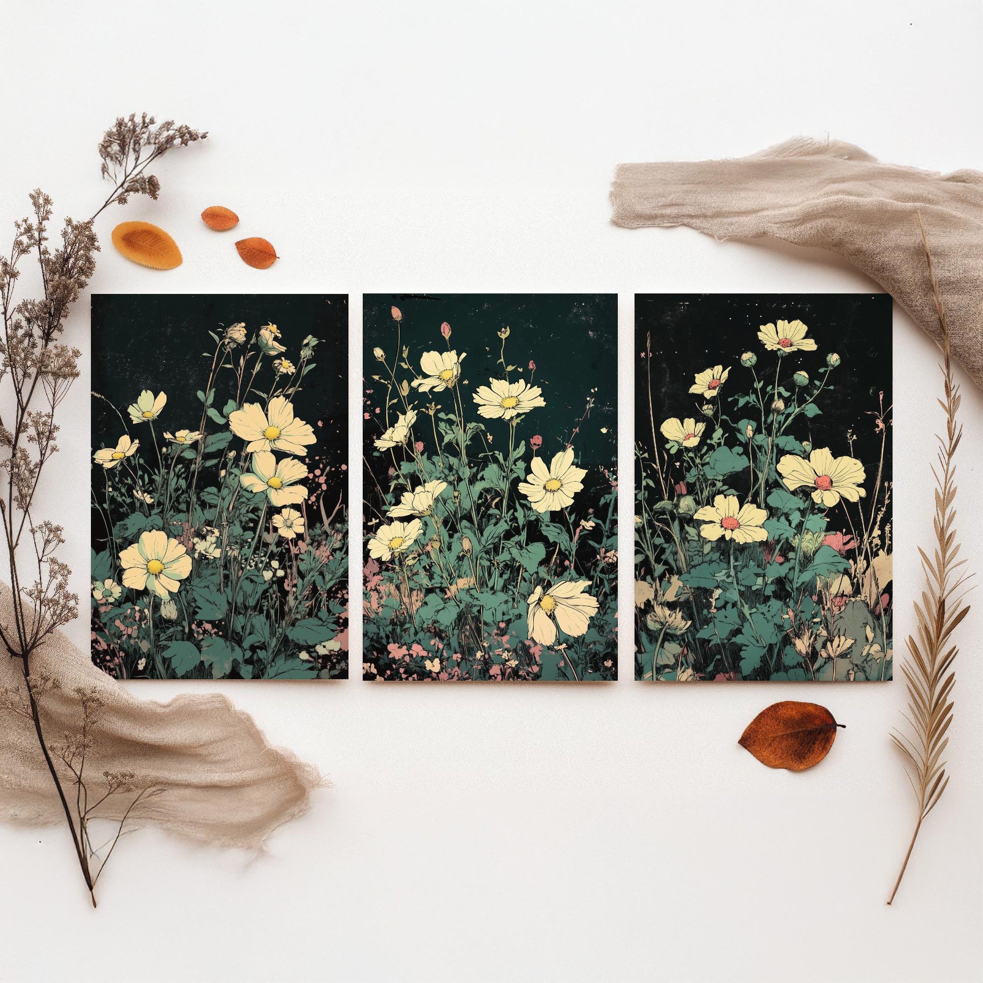 Wildflower Daisies Set of Three Art Prints | Moody Dark Botanical Illustration Poster