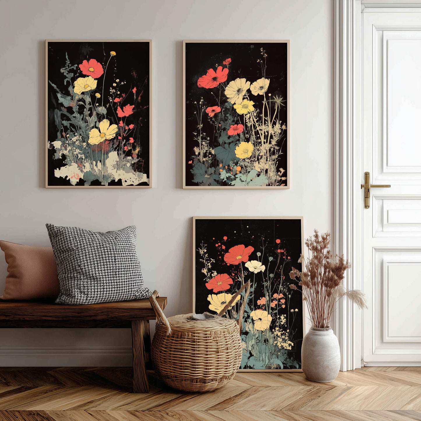 Red and Yellow Wildflowers Set of Three Art Prints | Moody Dark Botanical Illustration Poster