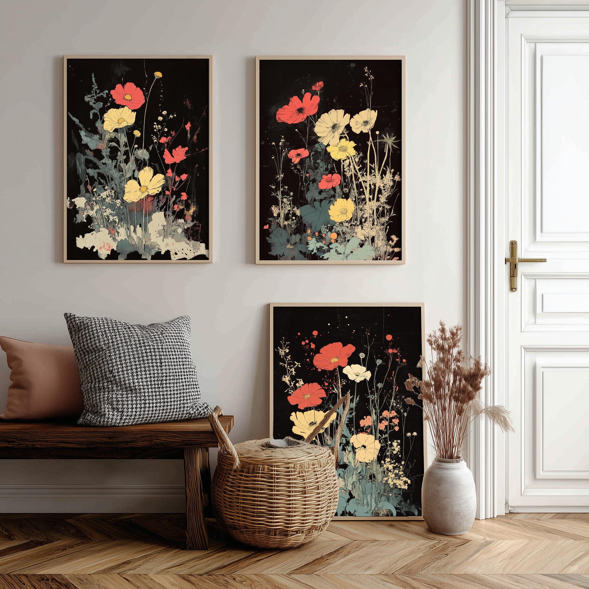Red and Yellow Wildflowers Set of Three Art Prints | Moody Dark Botanical Illustration Poster