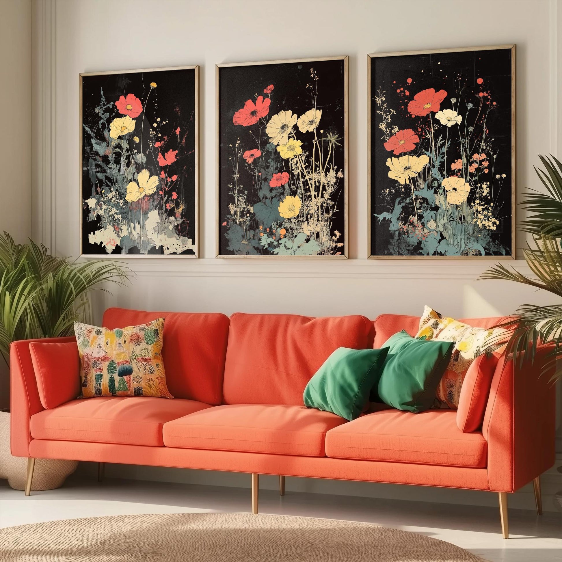 Red and Yellow Wildflowers Set of Three Art Prints | Moody Dark Botanical Illustration Poster