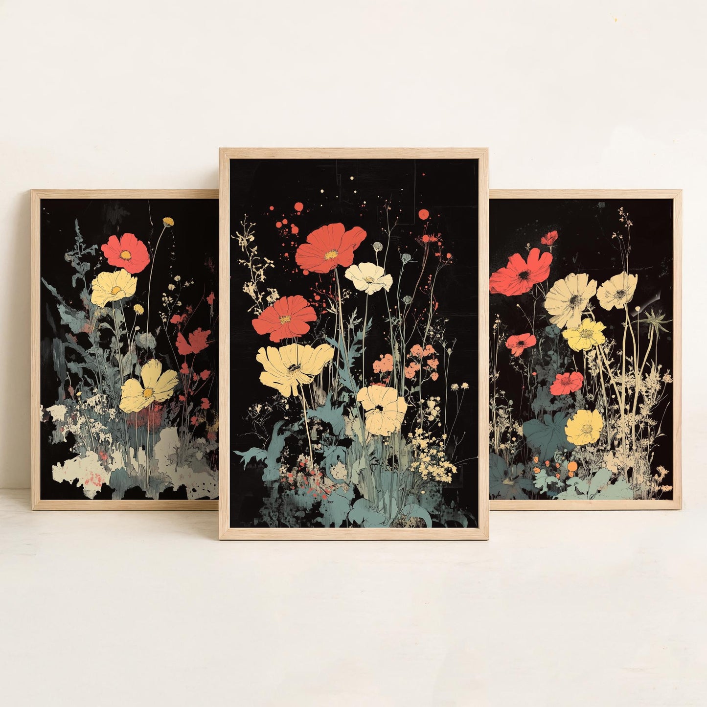 Red and Yellow Wildflowers Set of Three Art Prints | Moody Dark Botanical Illustration Poster