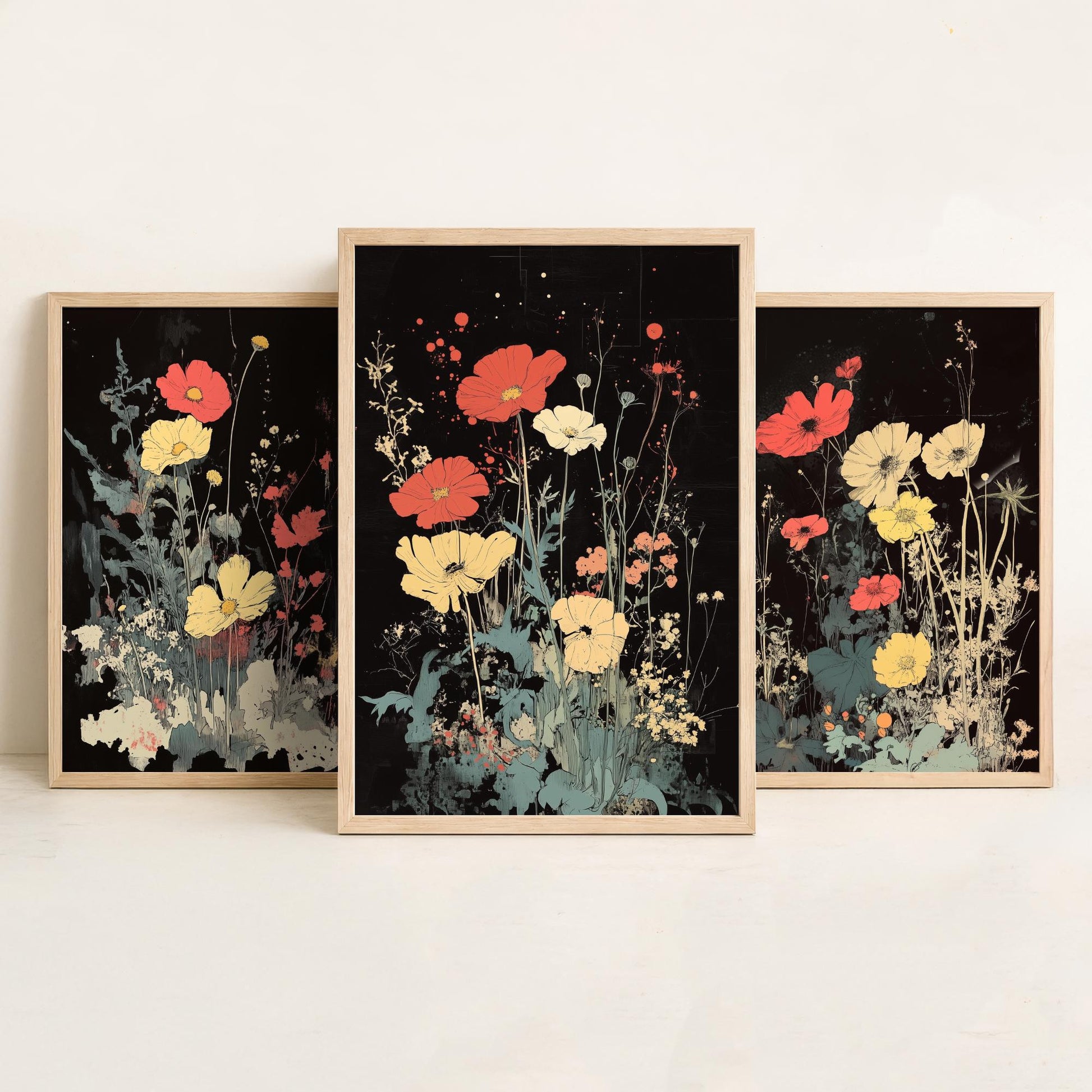 Red and Yellow Wildflowers Set of Three Art Prints | Moody Dark Botanical Illustration Poster