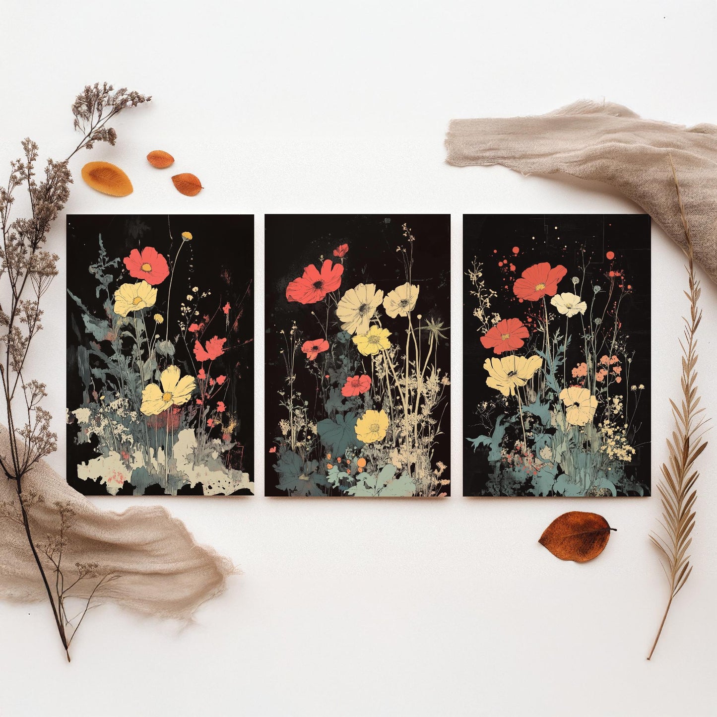 Red and Yellow Wildflowers Set of Three Art Prints | Moody Dark Botanical Illustration Poster