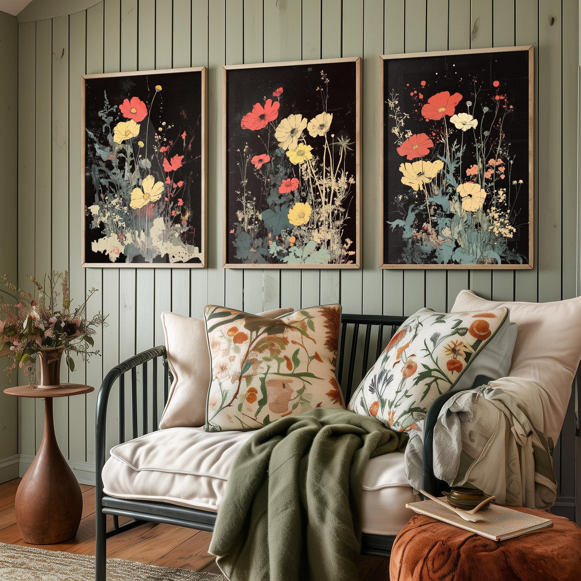 Red and Yellow Wildflowers Set of Three Art Prints | Moody Dark Botanical Illustration Poster