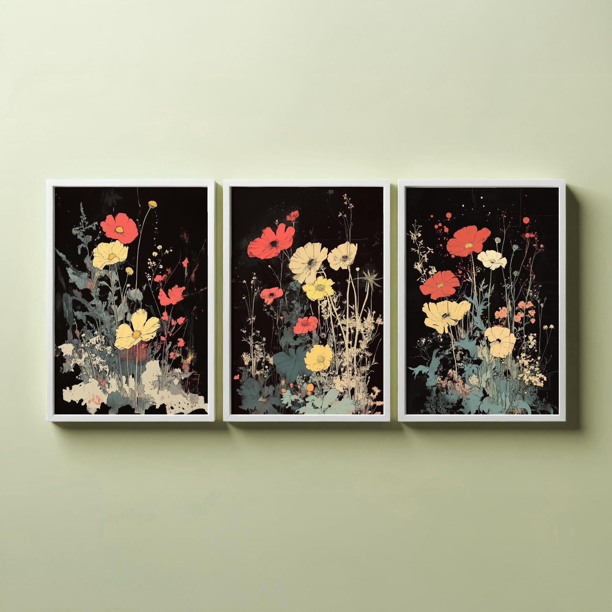 Red and Yellow Wildflowers Set of Three Art Prints | Moody Dark Botanical Illustration Poster