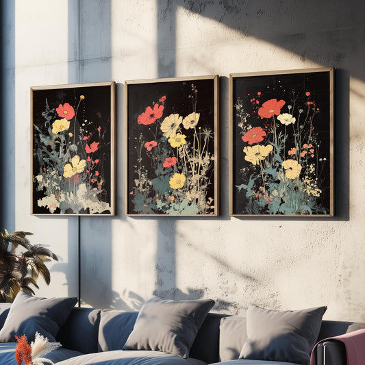Red and Yellow Wildflowers Set of Three Art Prints | Moody Dark Botanical Illustration Poster