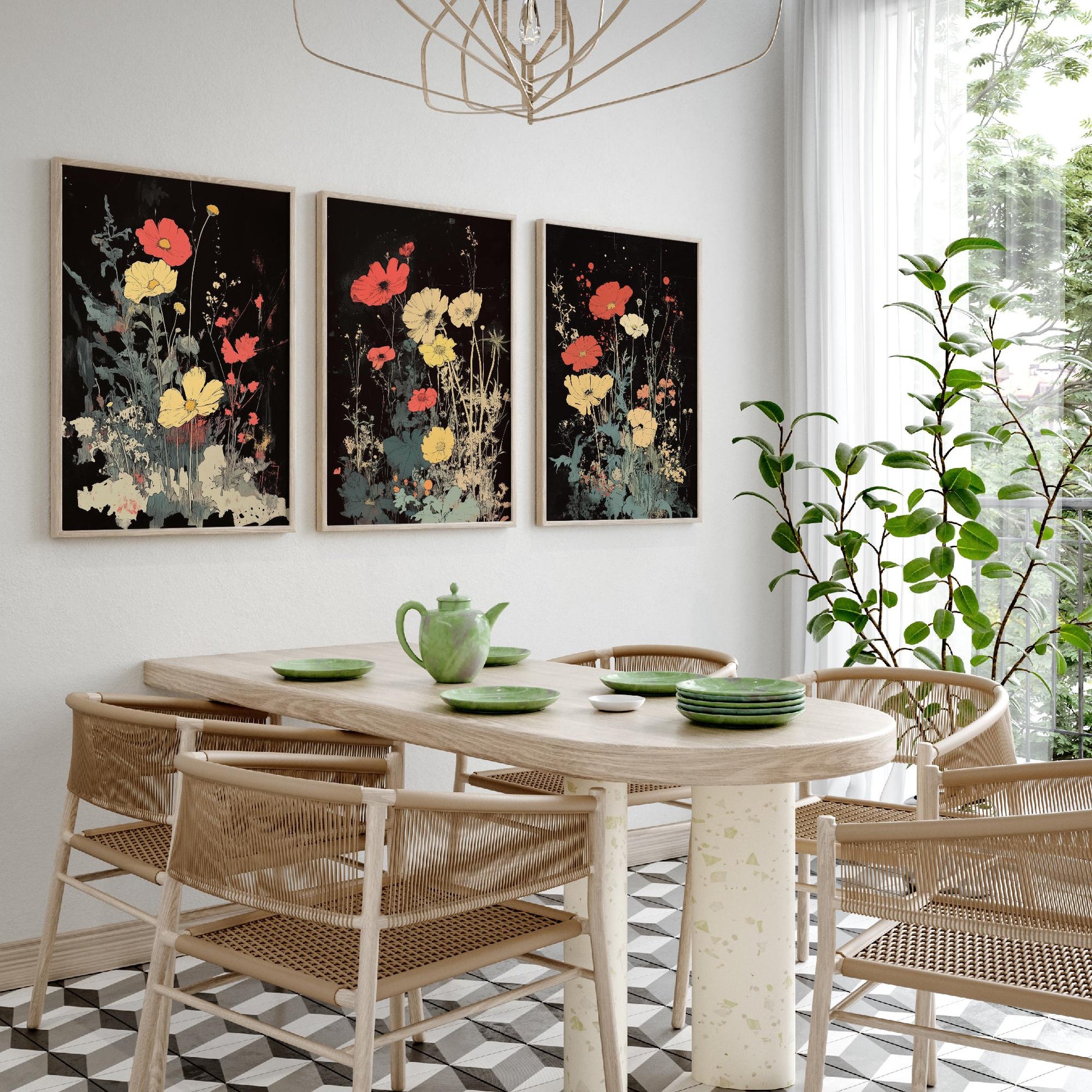 Red and Yellow Wildflowers Set of Three Art Prints | Moody Dark Botanical Illustration Poster