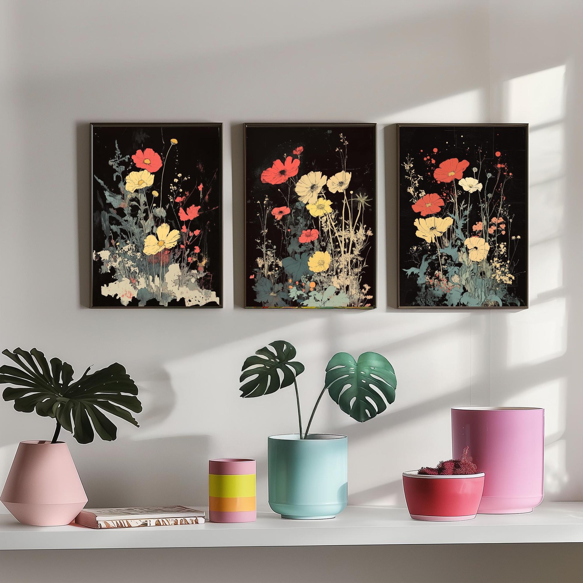 Red and Yellow Wildflowers Set of Three Art Prints | Moody Dark Botanical Illustration Poster