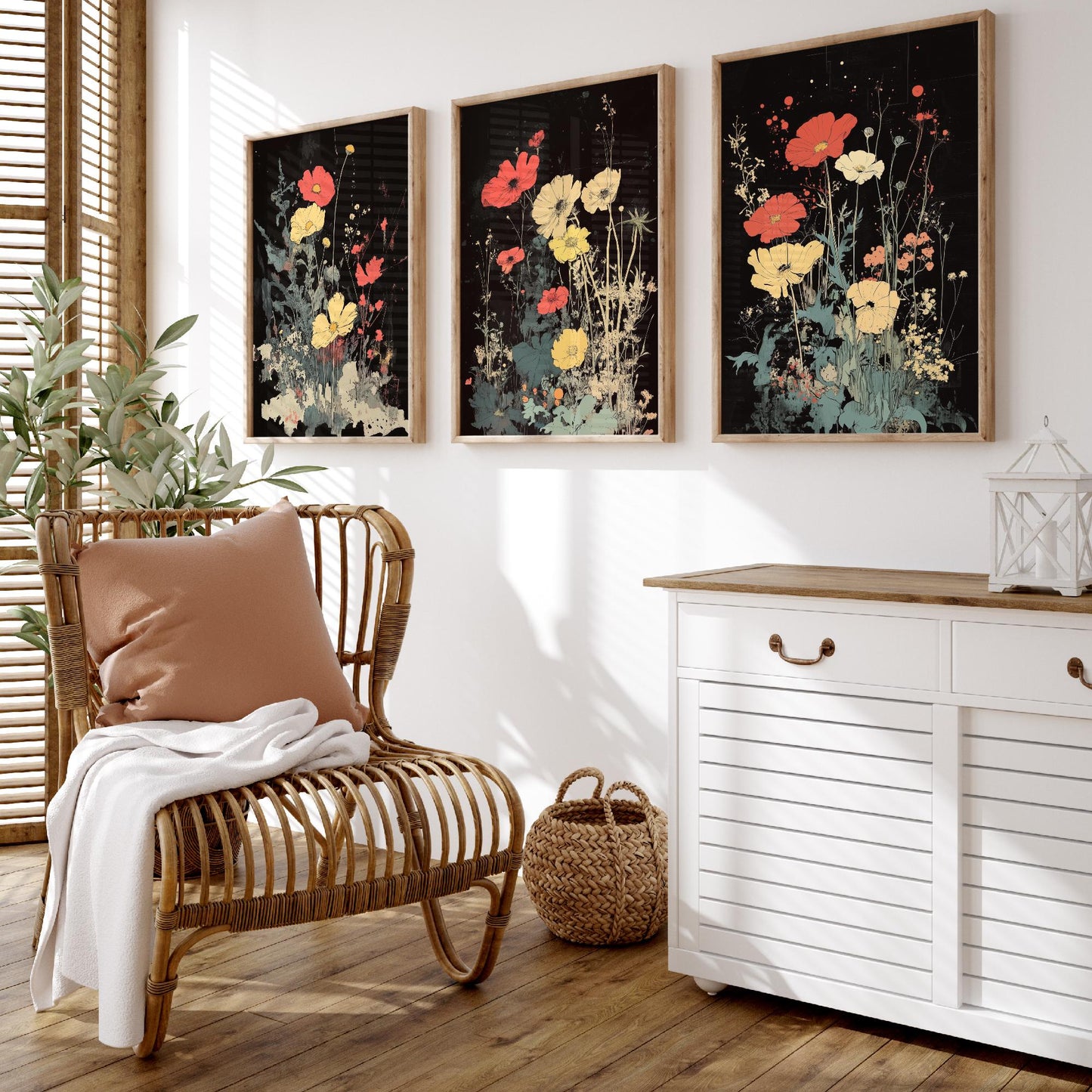 Red and Yellow Wildflowers Set of Three Art Prints | Moody Dark Botanical Illustration Poster