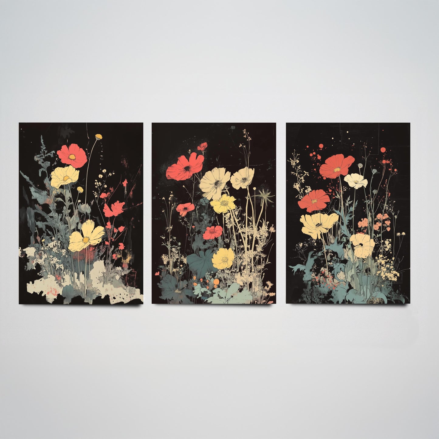 Red and Yellow Wildflowers Set of Three Art Prints | Moody Dark Botanical Illustration Poster