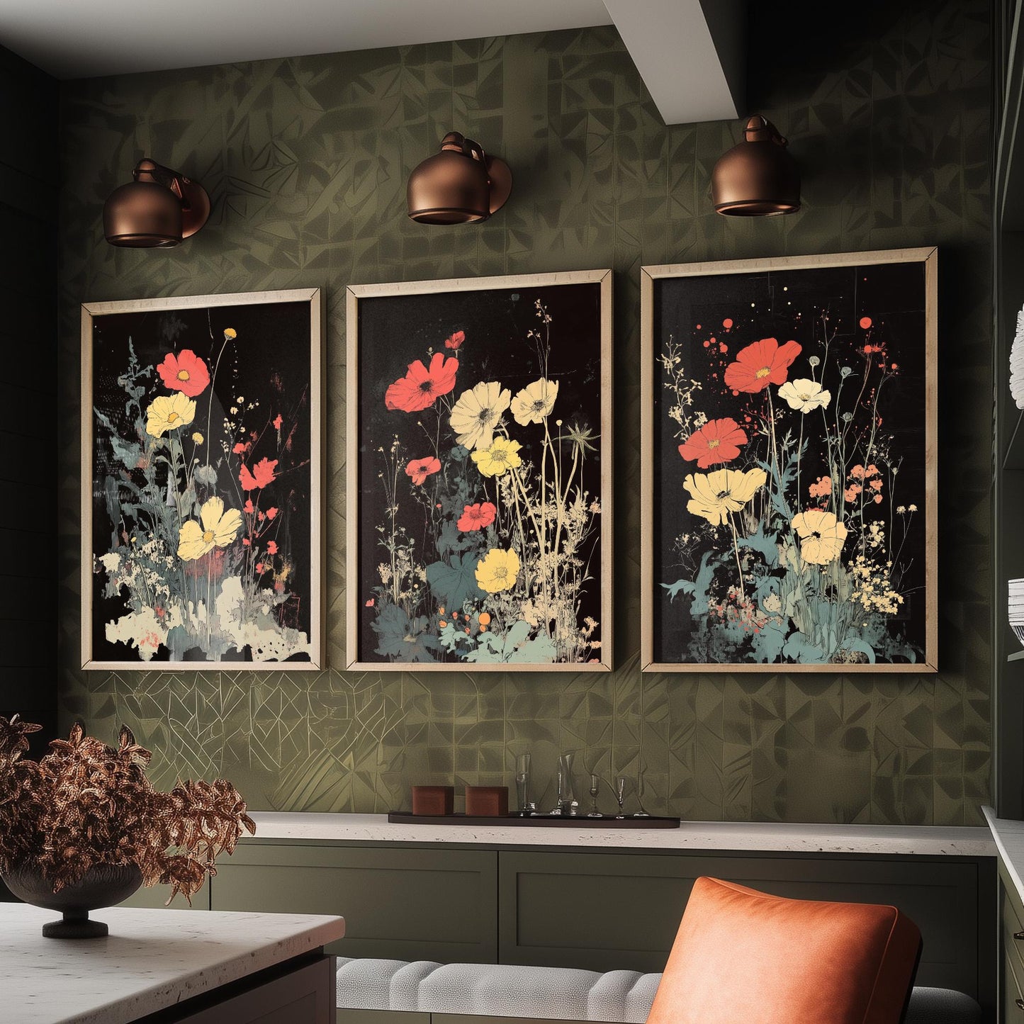 Red and Yellow Wildflowers Set of Three Art Prints | Moody Dark Botanical Illustration Poster