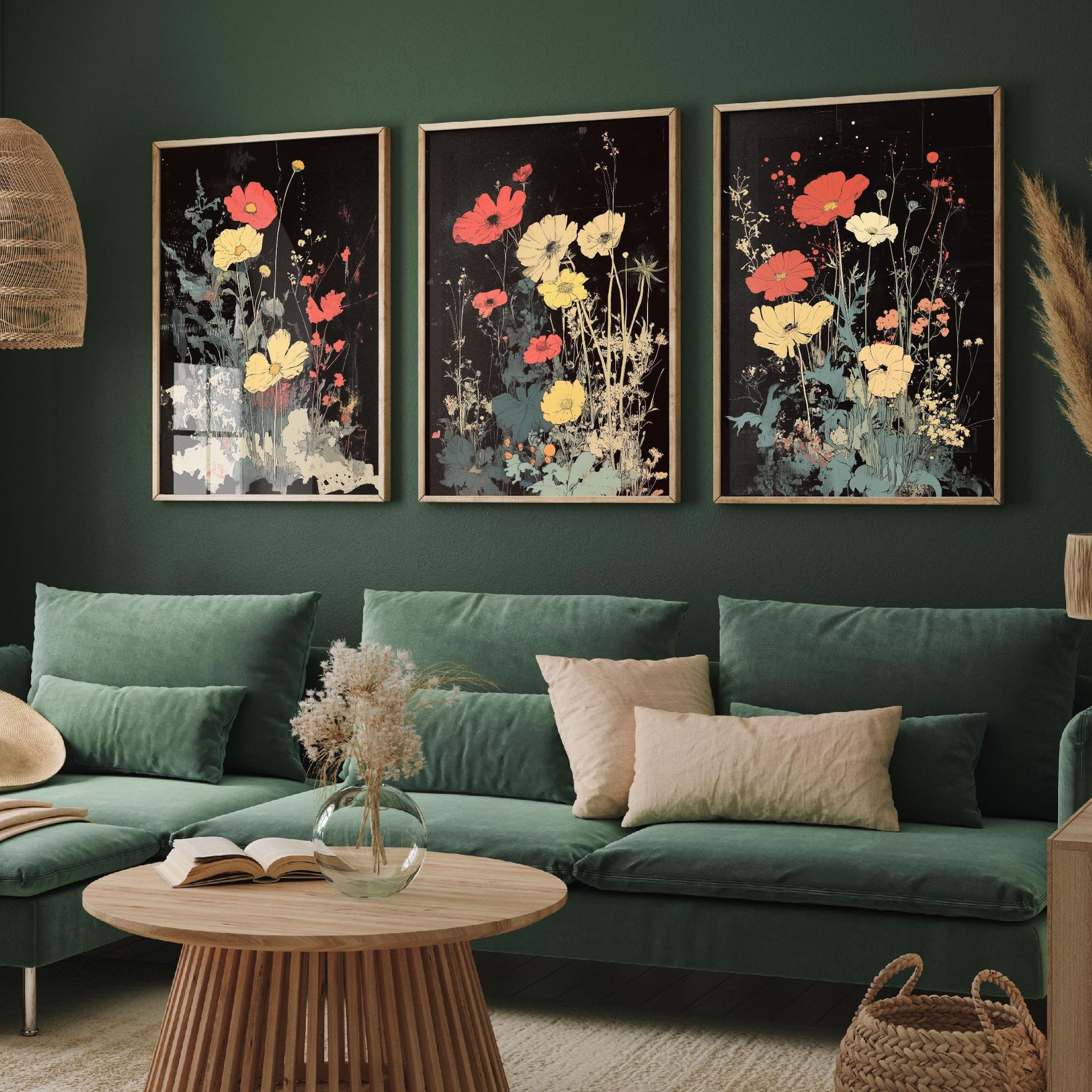 Red and Yellow Wildflowers Set of Three Art Prints | Moody Dark Botanical Illustration Poster