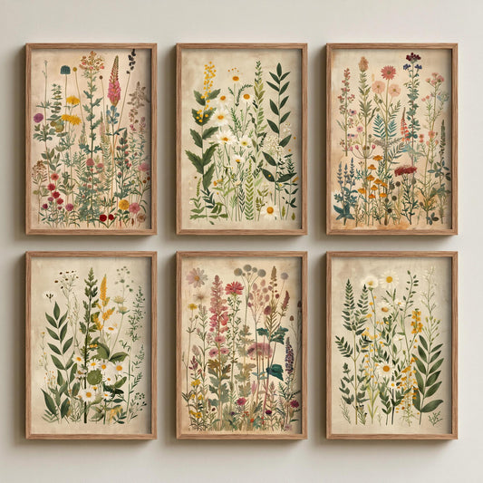 Set of Six Vintage Wildflower Meadow Art Prints - 6 Antique Herbarium Posters - Foxglove, Daisy, Yarrow, Tansy on Parchment Painting