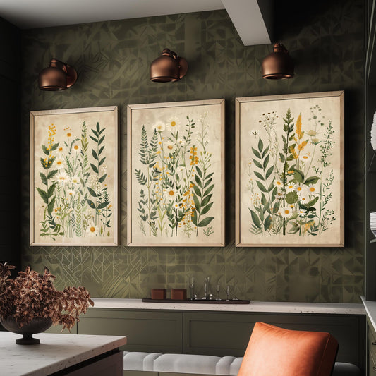 Wildflower Meadow Set of Three Art Prints | Vintage Botanical Illustration Poster Wall Decor