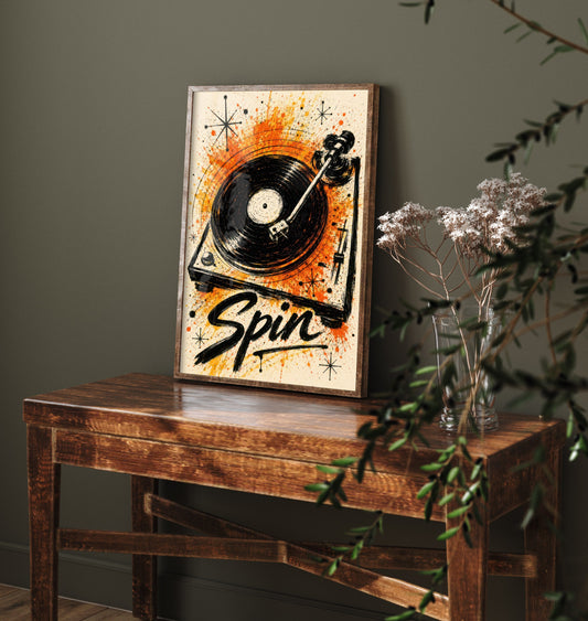Turntable Music Art Print - Vinyl Record Player Poster - Watercolour Ink Illustration - Spin Wall Art 1/3