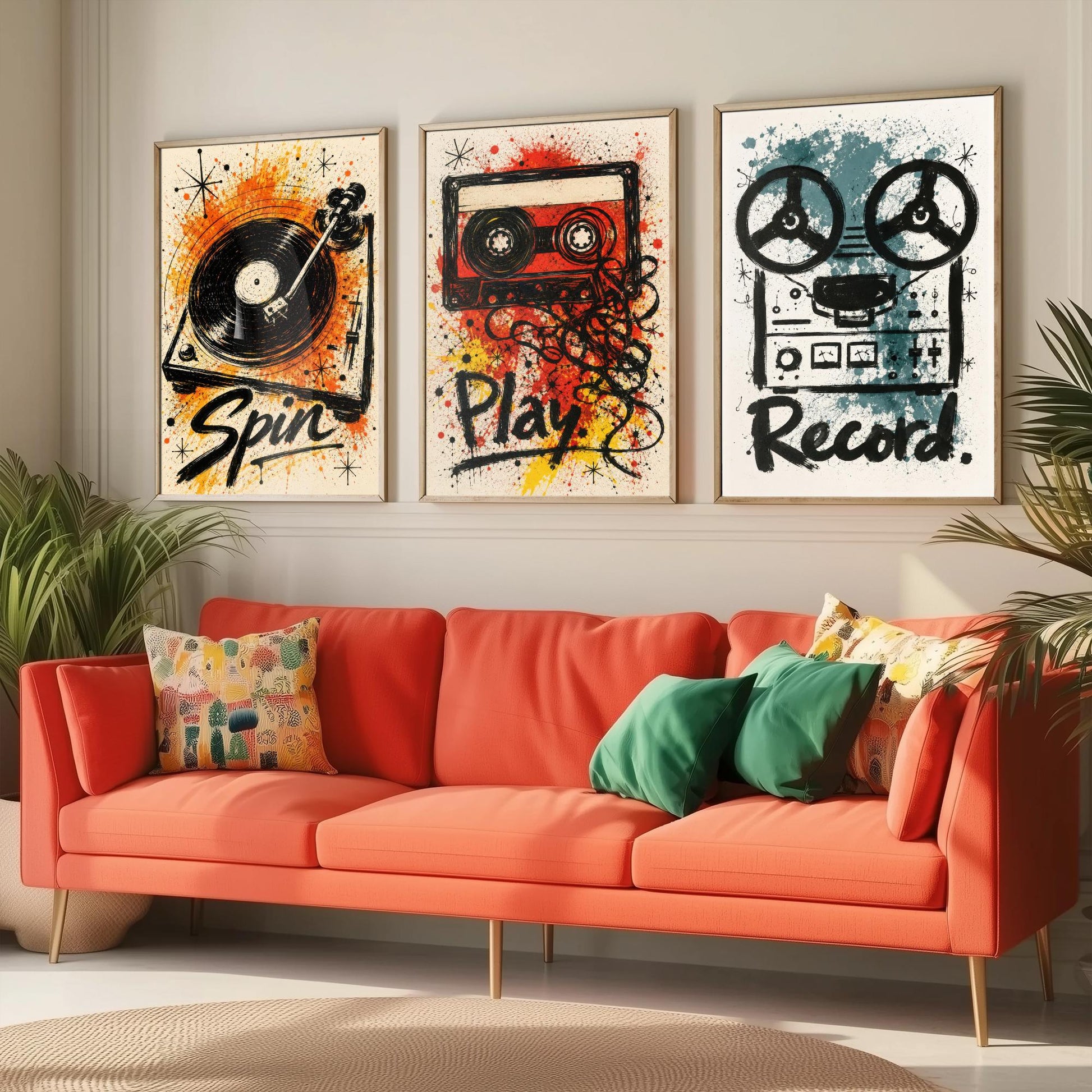 Vinyl Music Set of Three Art Prints - Spin, Play, Record - Turntable, Cassette, Tape Poster Illustration Gift Decor