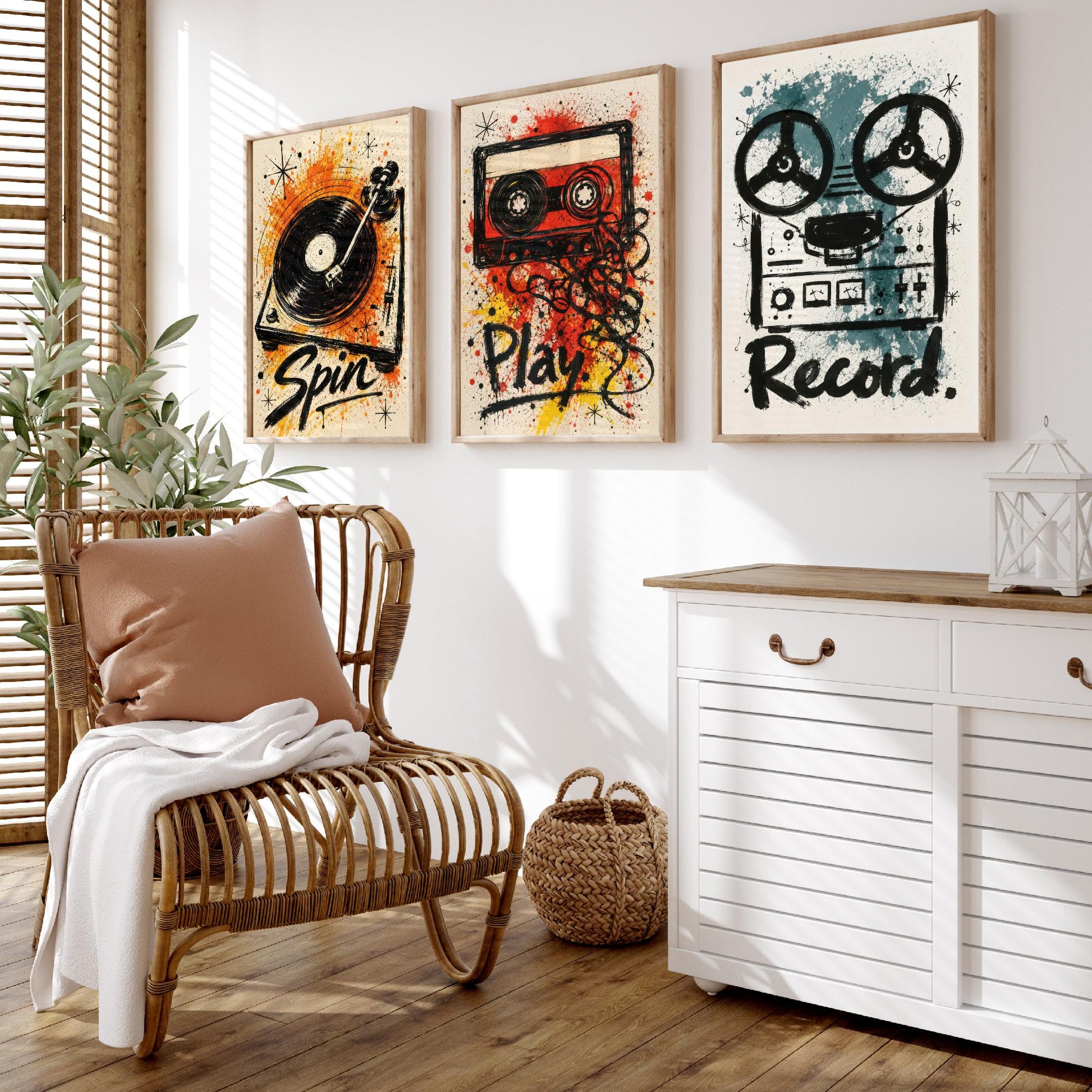 Vinyl Music Set of Three Art Prints - Spin, Play, Record - Turntable, Cassette, Tape Poster Illustration Gift Decor