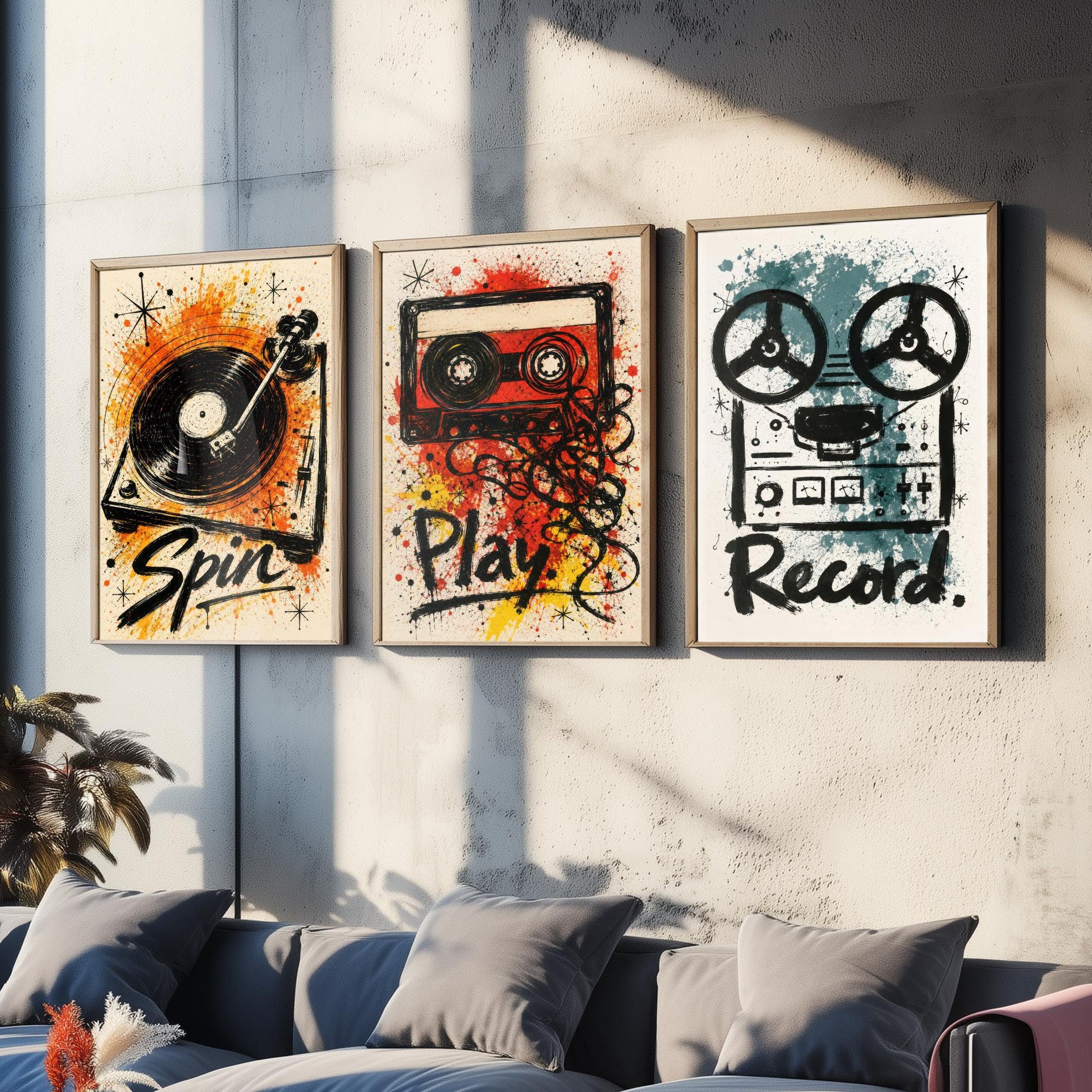 Vinyl Music Set of Three Art Prints - Spin, Play, Record - Turntable, Cassette, Tape Poster Illustration Gift Decor