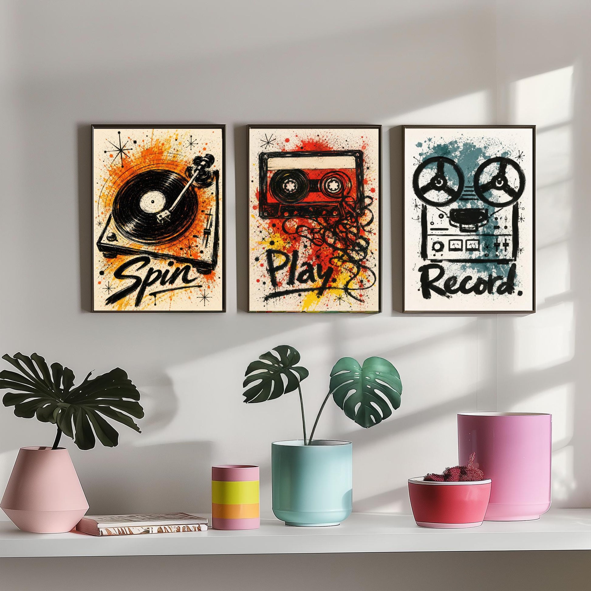 Vinyl Music Set of Three Art Prints - Spin, Play, Record - Turntable, Cassette, Tape Poster Illustration Gift Decor