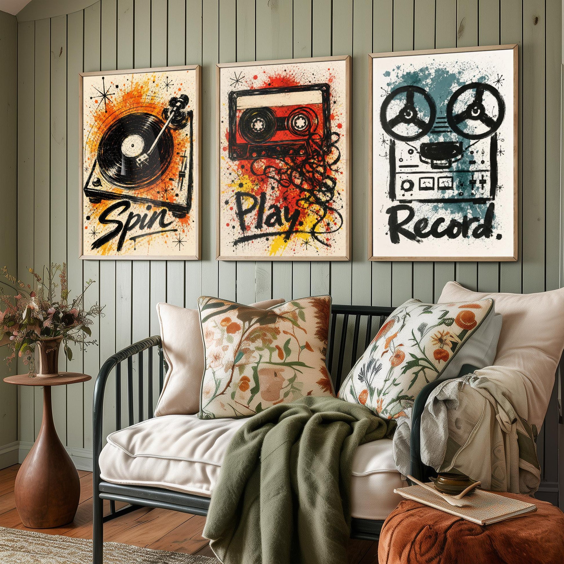 Vinyl Music Set of Three Art Prints - Spin, Play, Record - Turntable, Cassette, Tape Poster Illustration Gift Decor