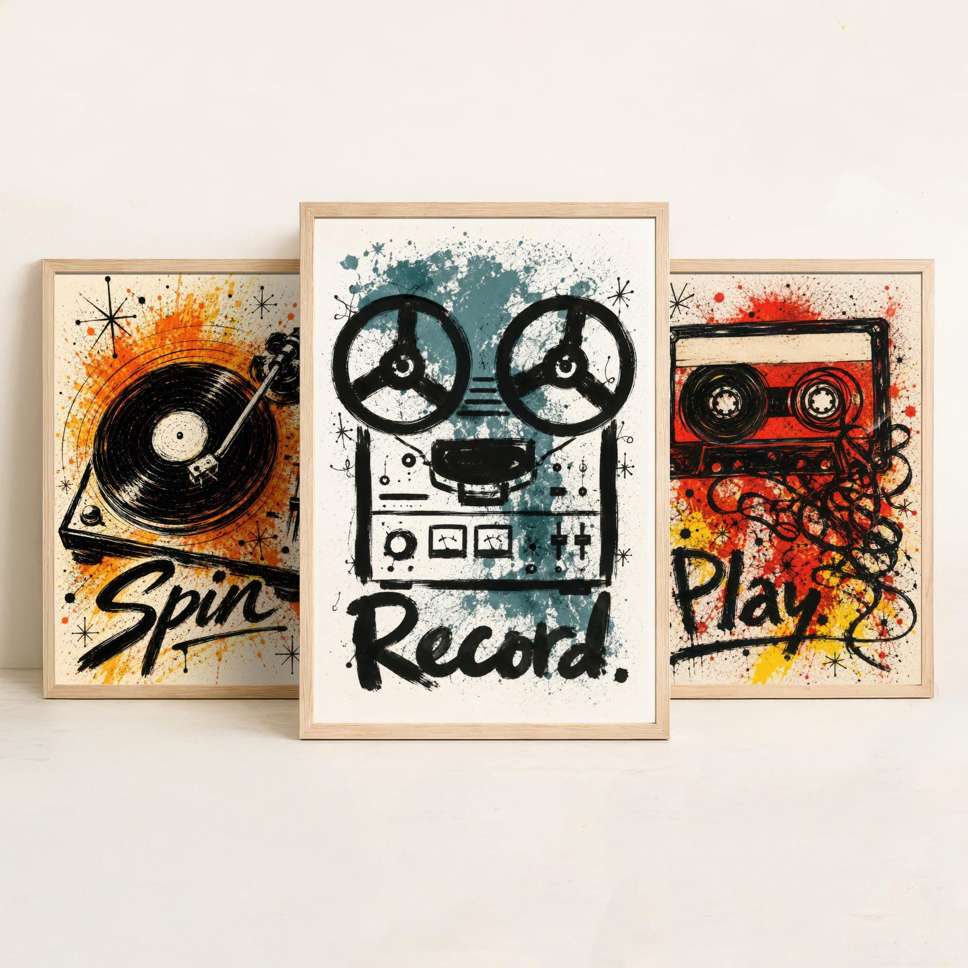 Vinyl Music Set of Three Art Prints - Spin, Play, Record - Turntable, Cassette, Tape Poster Illustration Gift Decor