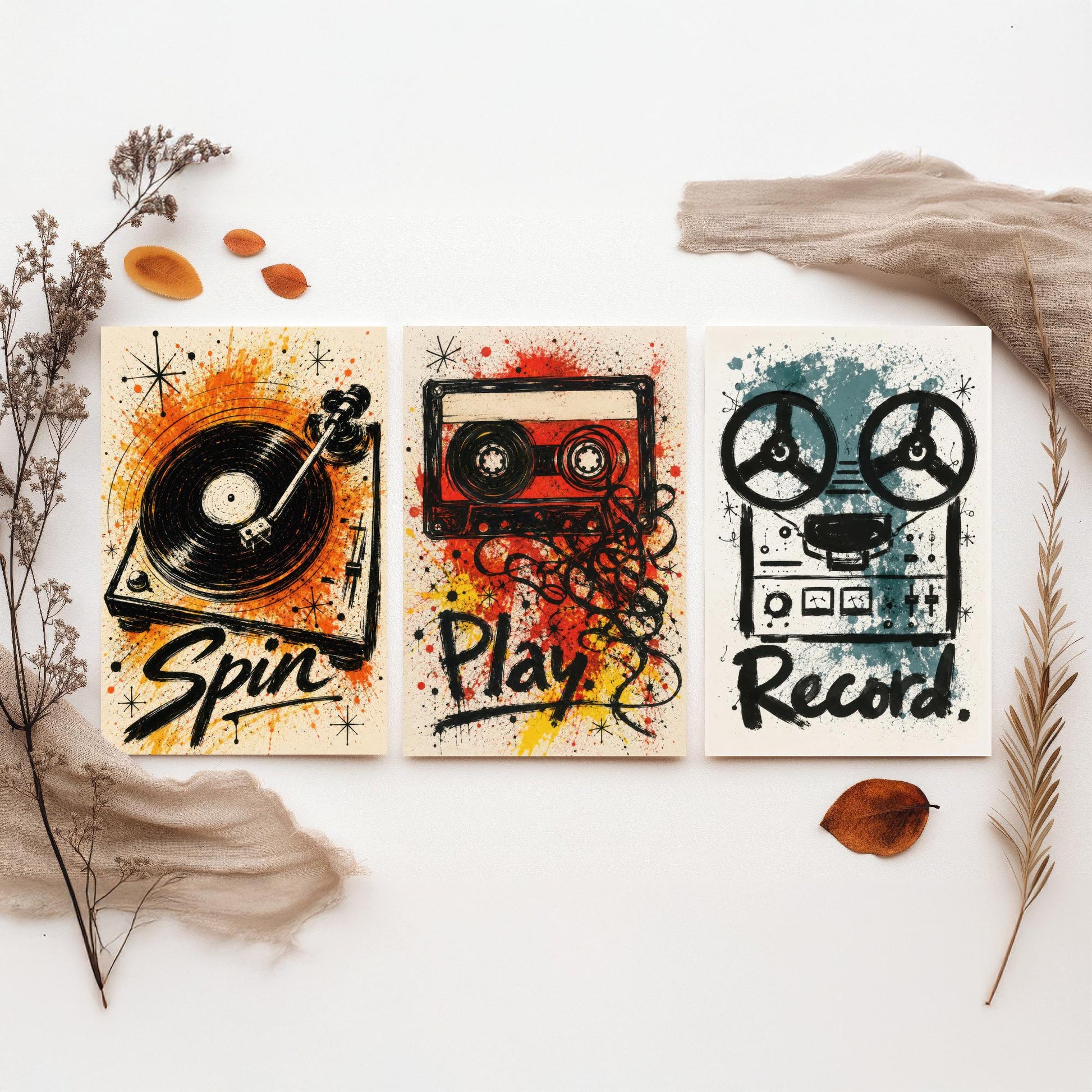 Vinyl Music Set of Three Art Prints - Spin, Play, Record - Turntable, Cassette, Tape Poster Illustration Gift Decor
