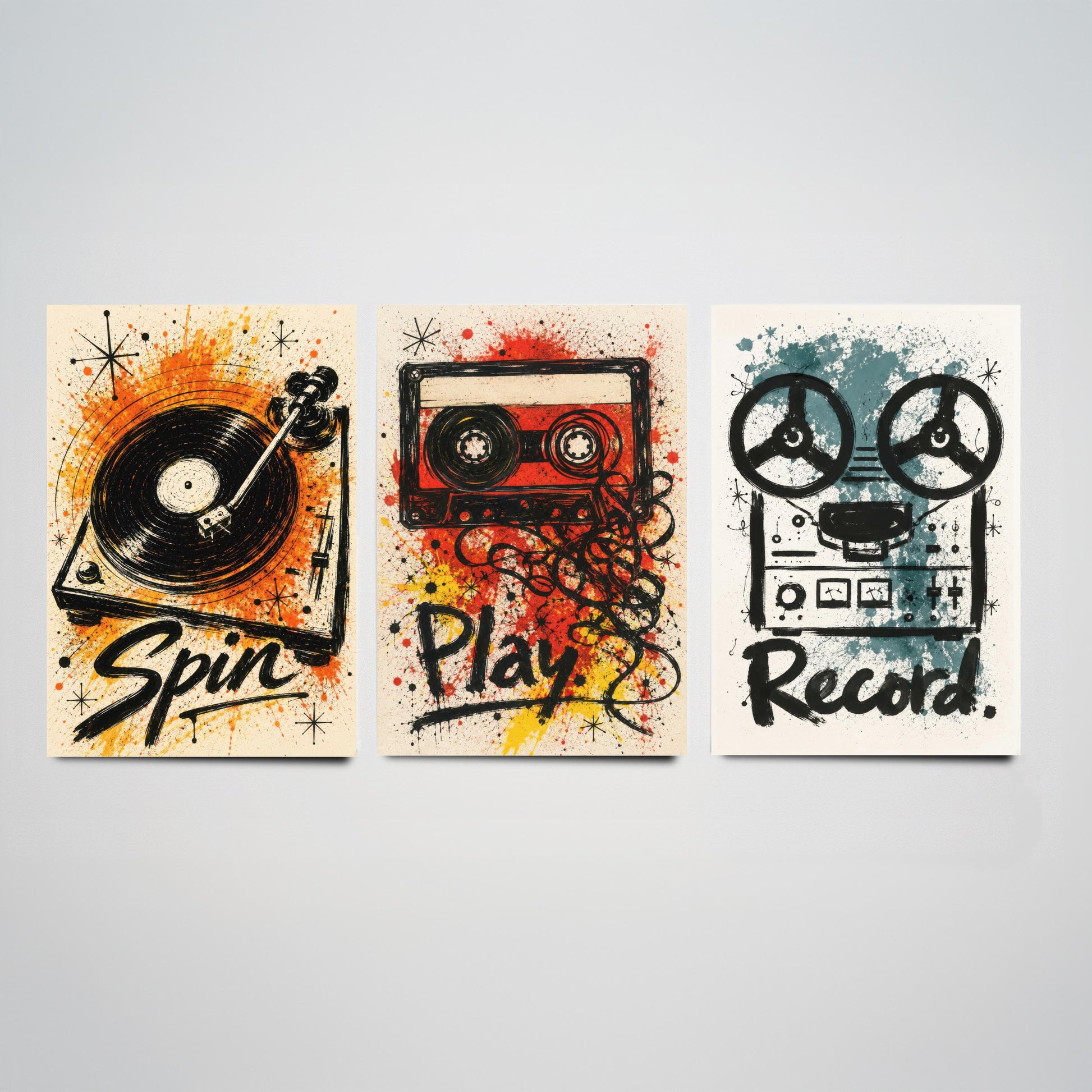 Vinyl Music Set of Three Art Prints - Spin, Play, Record - Turntable, Cassette, Tape Poster Illustration Gift Decor