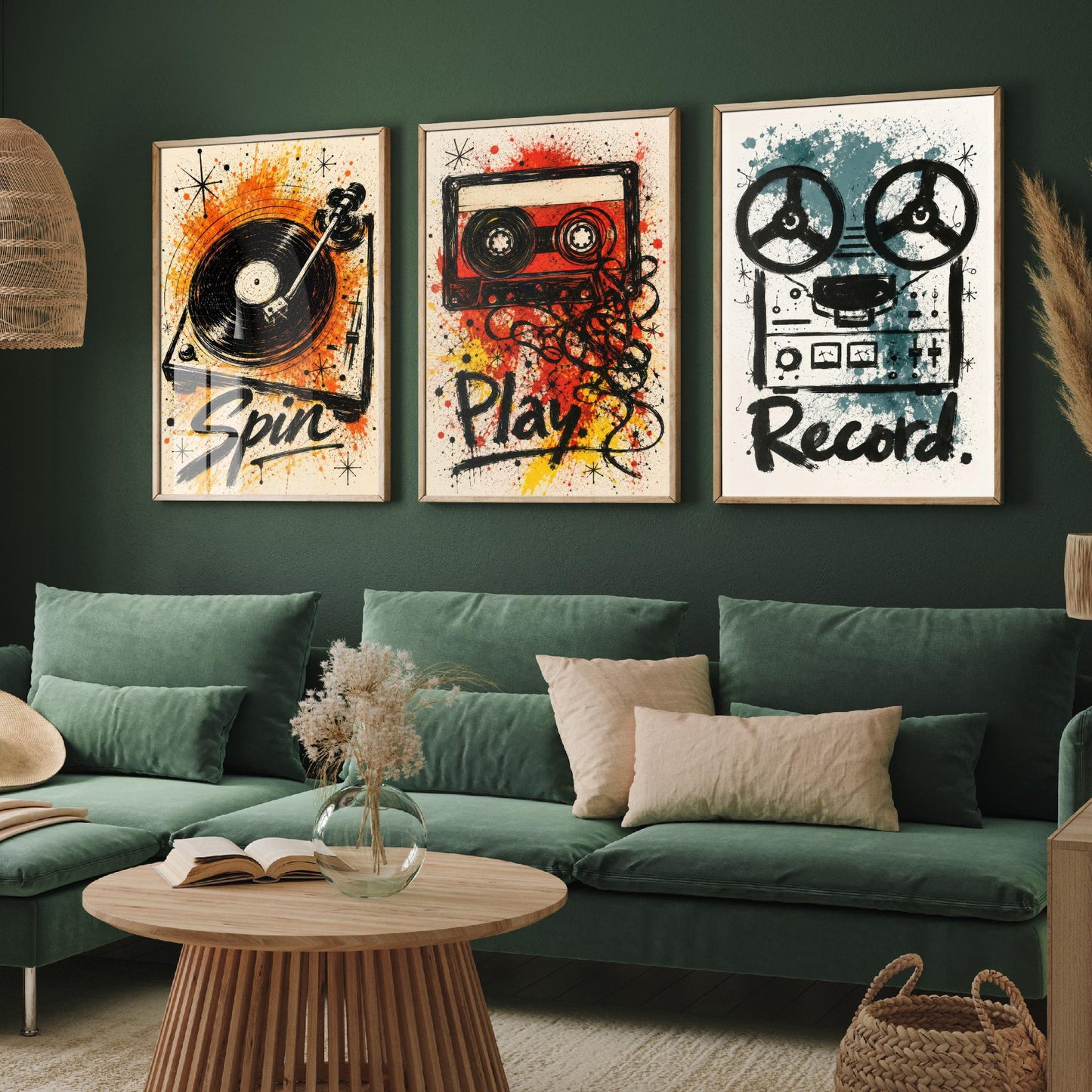 Vinyl Music Set of Three Art Prints - Spin, Play, Record - Turntable, Cassette, Tape Poster Illustration Gift Decor