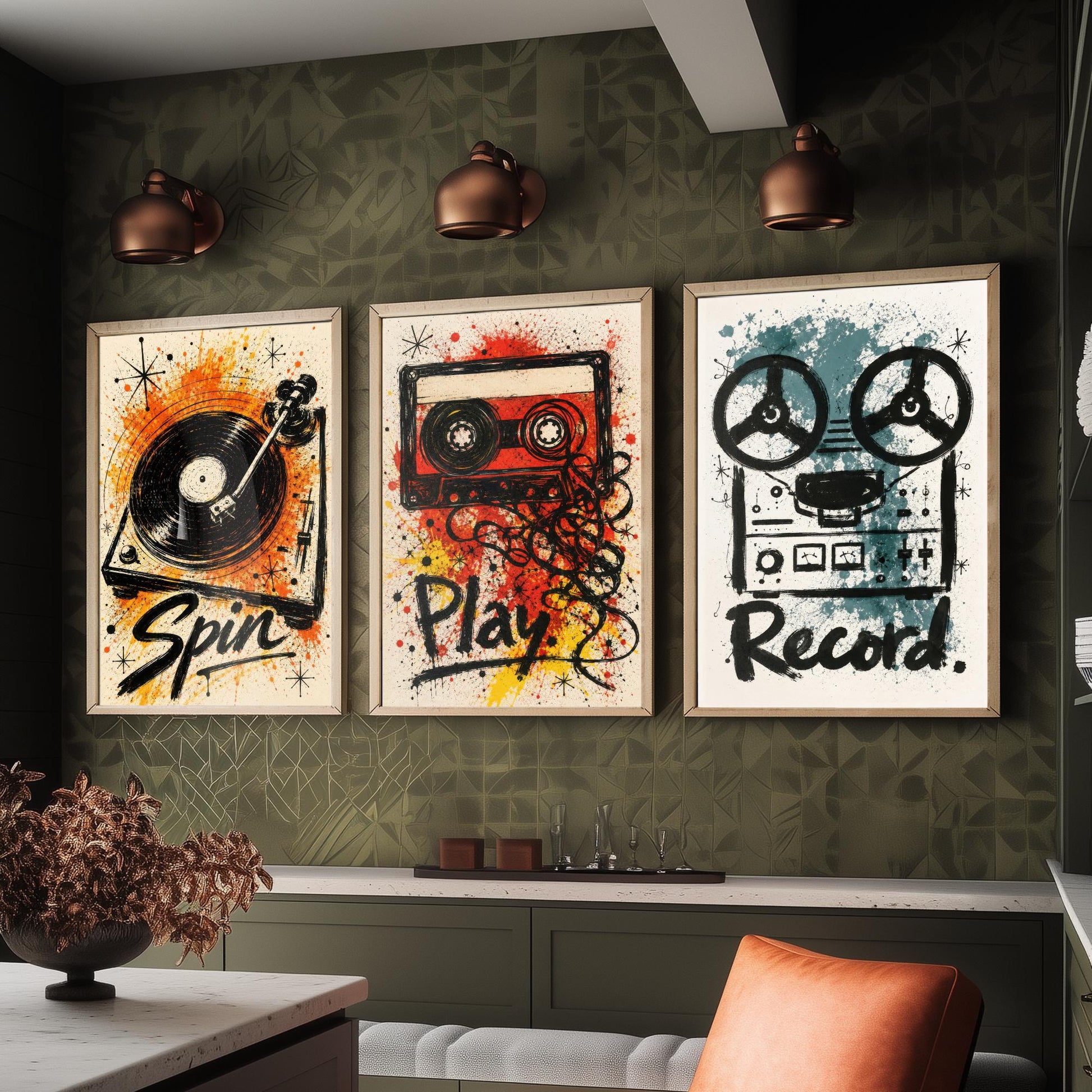 Vinyl Music Set of Three Art Prints - Spin, Play, Record - Turntable, Cassette, Tape Poster Illustration Gift Decor