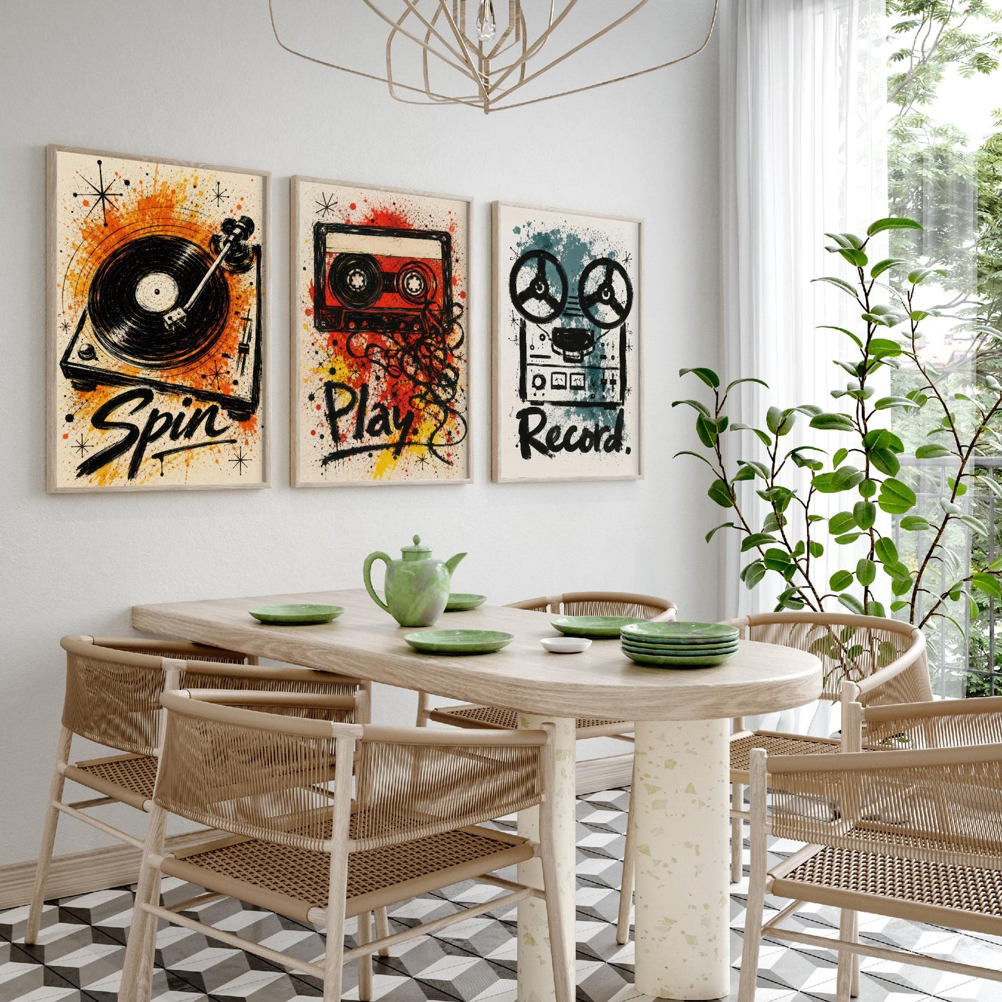 Vinyl Music Set of Three Art Prints - Spin, Play, Record - Turntable, Cassette, Tape Poster Illustration Gift Decor