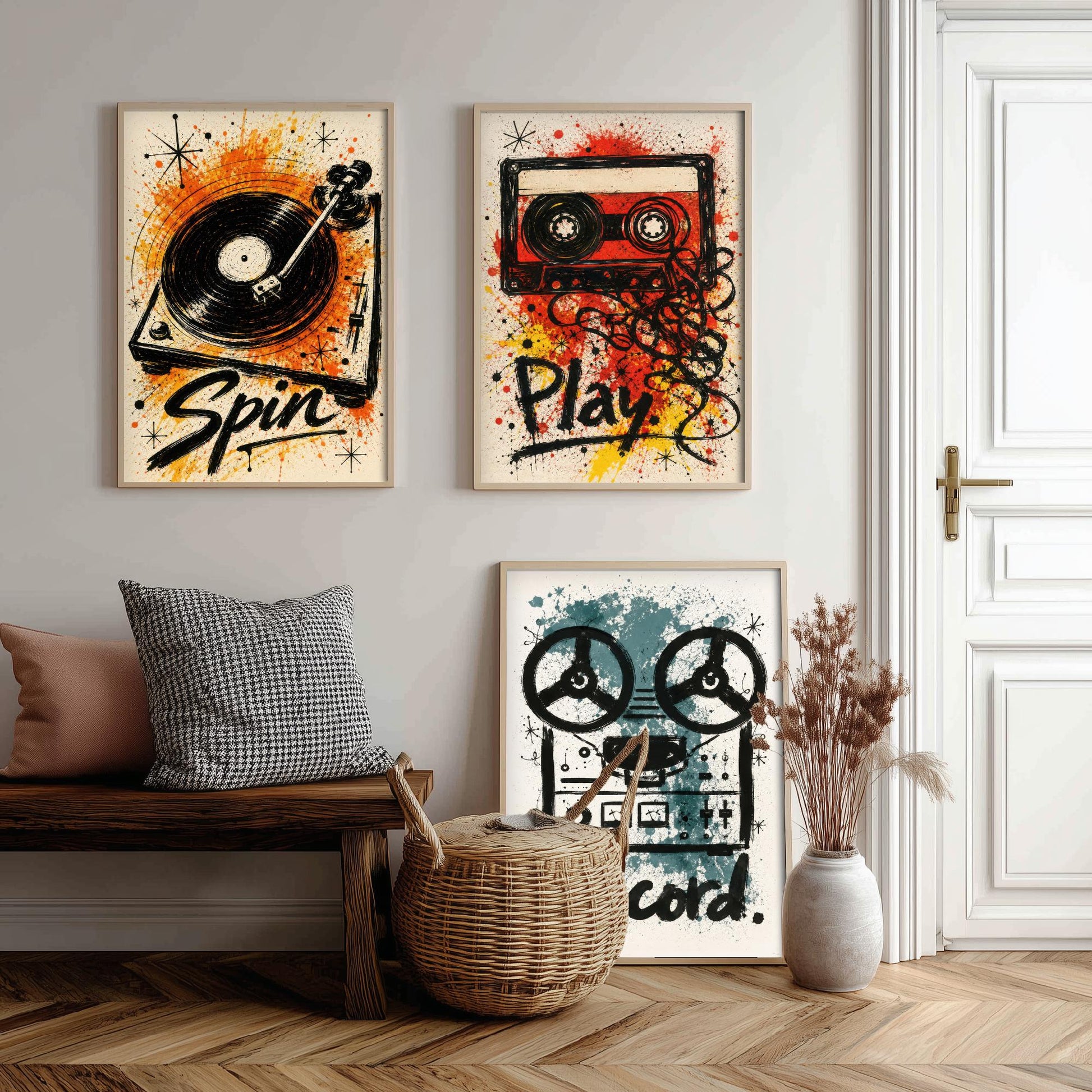 Vinyl Music Set of Three Art Prints - Spin, Play, Record - Turntable, Cassette, Tape Poster Illustration Gift Decor