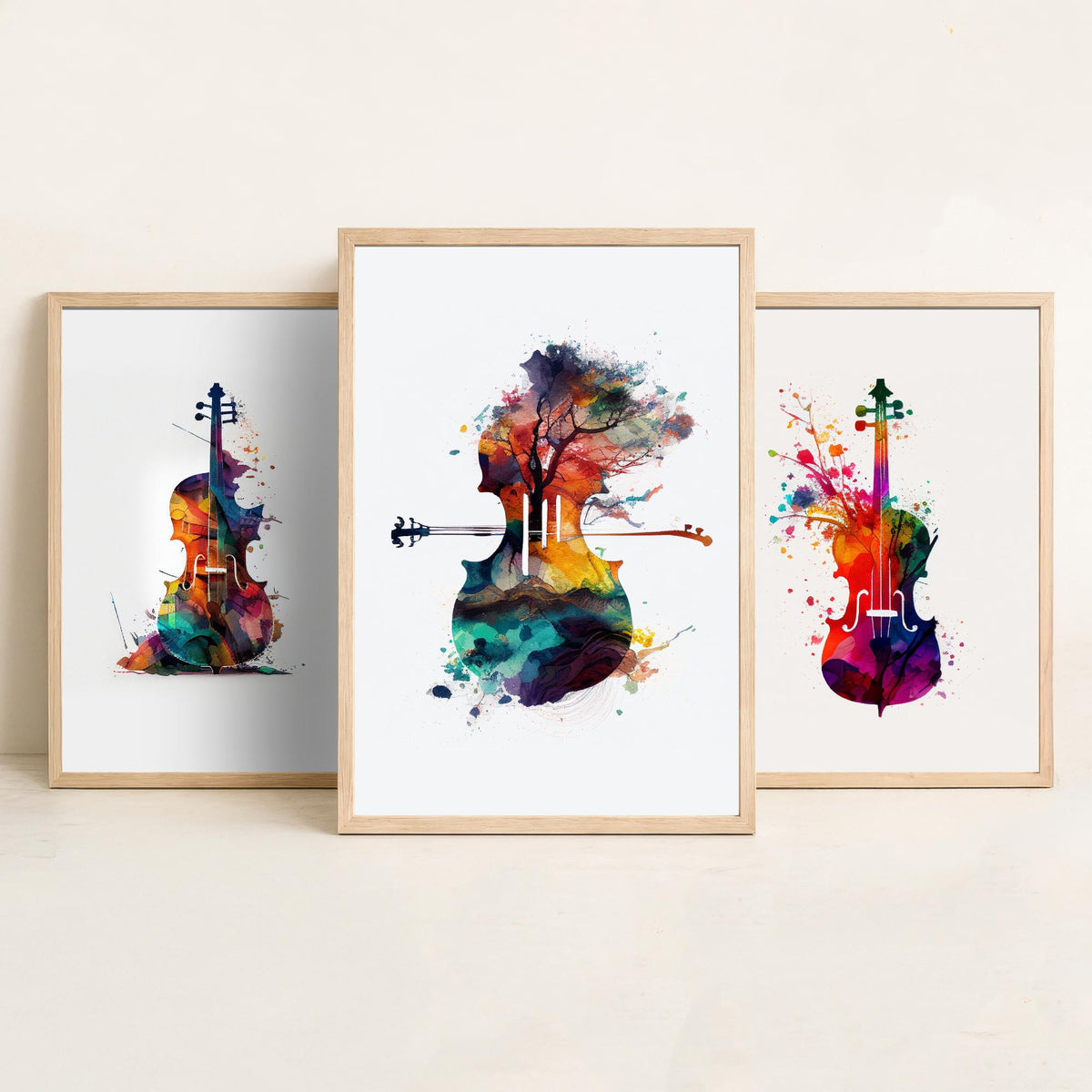 Rainbow Violin Watercolour Set of Three Art Prints - Paint Splash Violin, Blossom Violin, Tree Landscape Violin - Music Poster