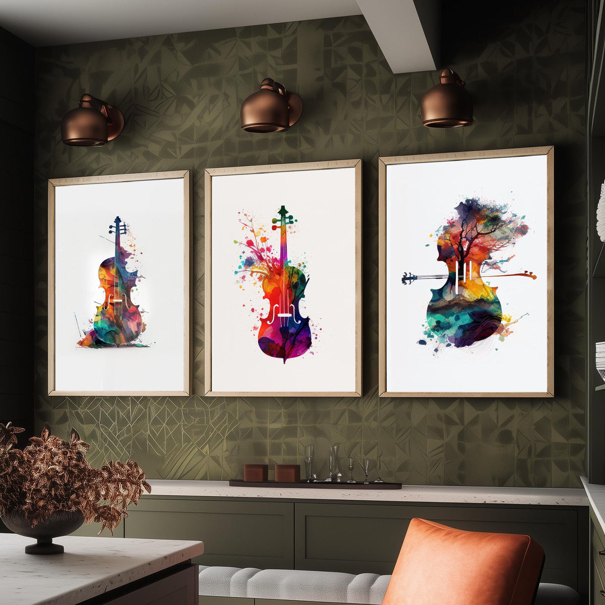 Rainbow Violin Watercolour Set of Three Art Prints - Paint Splash Violin, Blossom Violin, Tree Landscape Violin - Music Poster