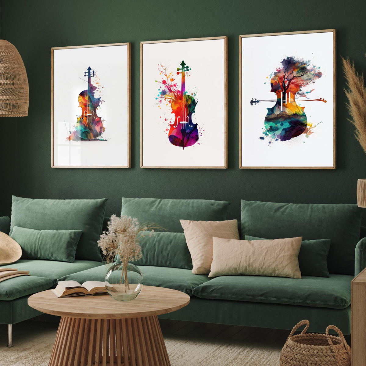 Rainbow Violin Watercolour Set of Three Art Prints - Paint Splash Violin, Blossom Violin, Tree Landscape Violin - Music Poster