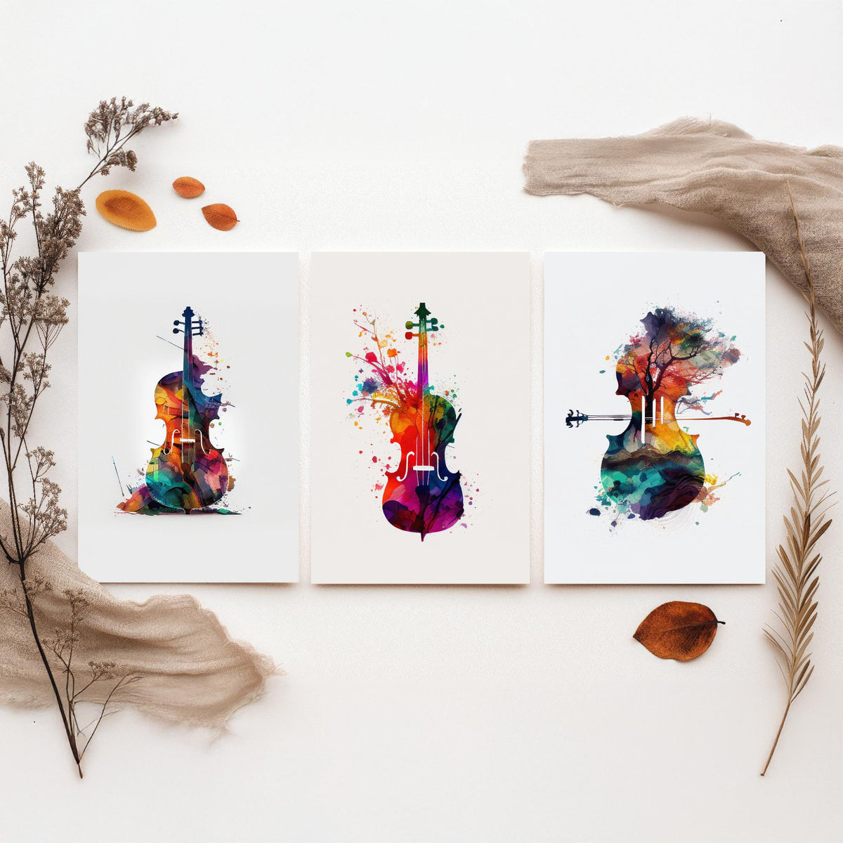 Rainbow Violin Watercolour Set of Three Art Prints - Paint Splash Violin, Blossom Violin, Tree Landscape Violin - Music Poster