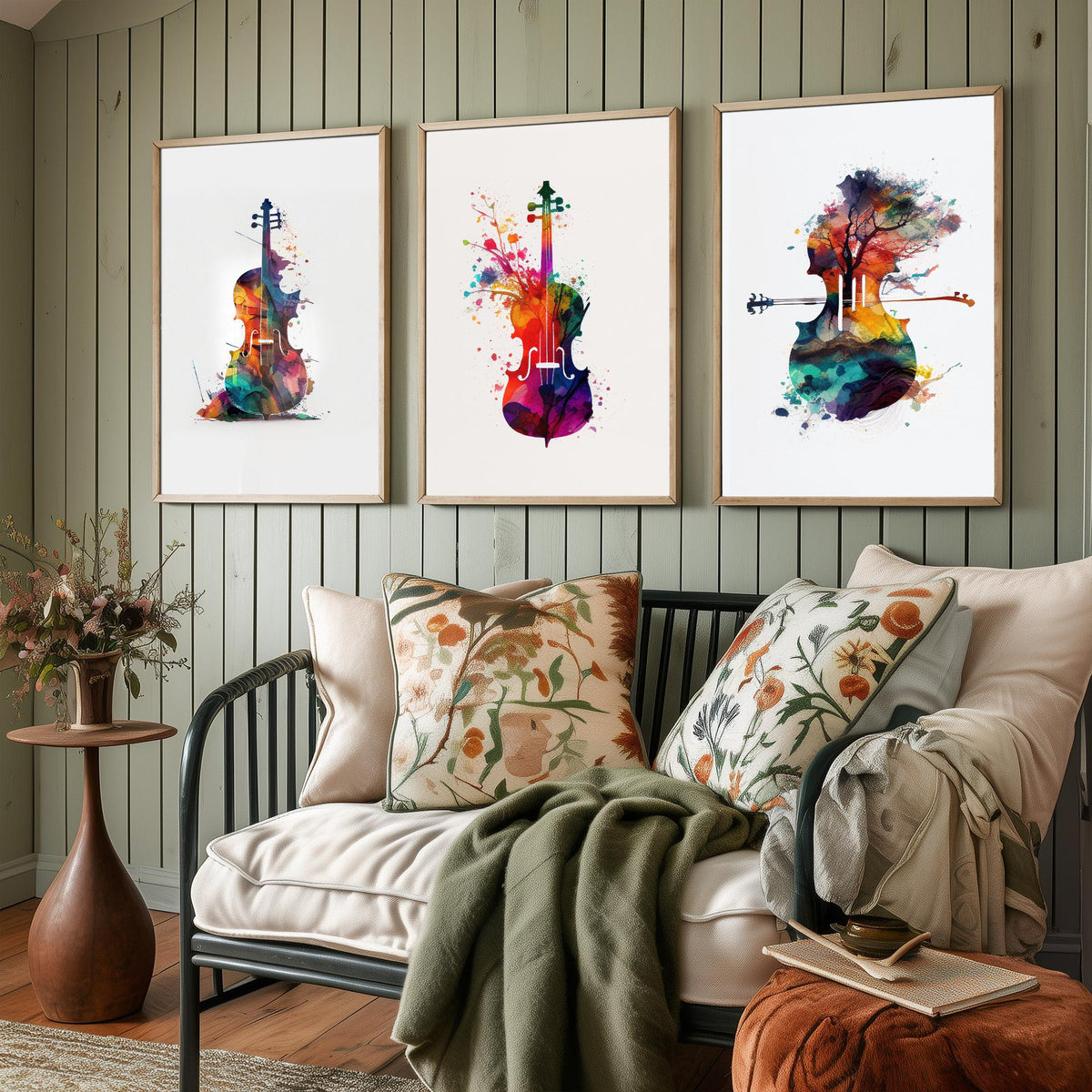 Rainbow Violin Watercolour Set of Three Art Prints - Paint Splash Violin, Blossom Violin, Tree Landscape Violin - Music Poster