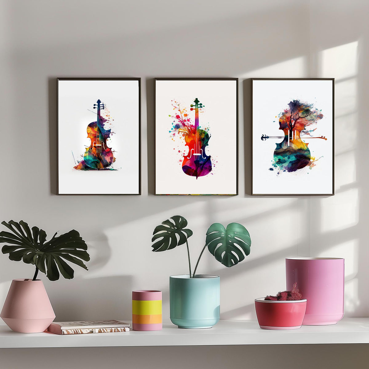 Rainbow Violin Watercolour Set of Three Art Prints - Paint Splash Violin, Blossom Violin, Tree Landscape Violin - Music Poster