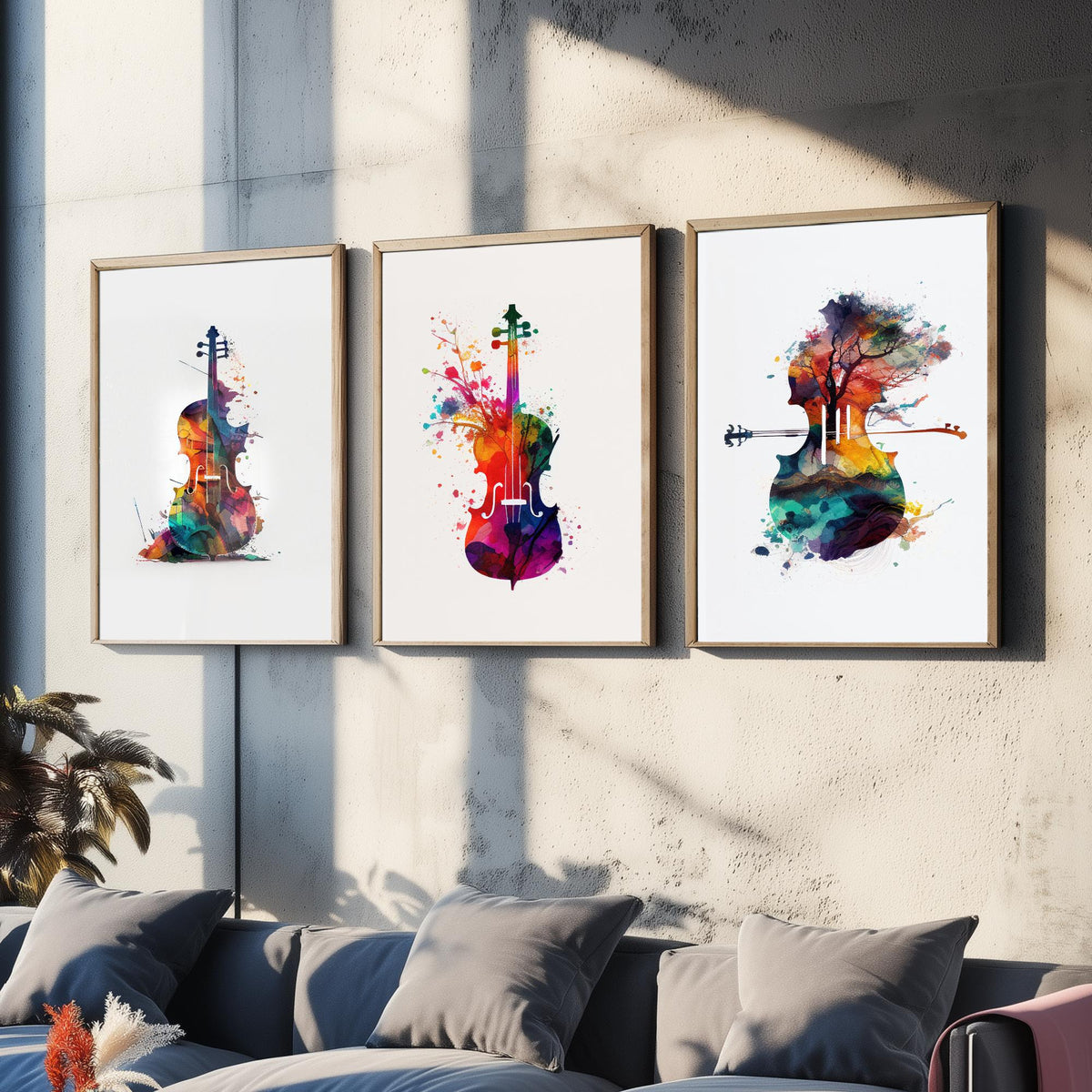 Rainbow Violin Watercolour Set of Three Art Prints - Paint Splash Violin, Blossom Violin, Tree Landscape Violin - Music Poster