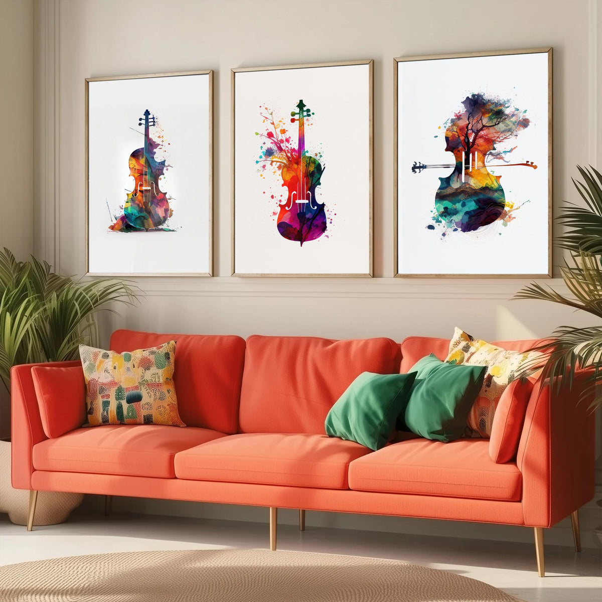 Rainbow Violin Watercolour Set of Three Art Prints - Paint Splash Violin, Blossom Violin, Tree Landscape Violin - Music Poster
