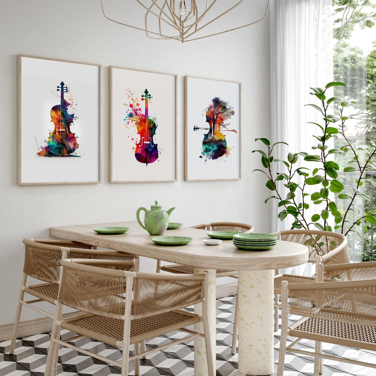 Rainbow Violin Watercolour Set of Three Art Prints - Paint Splash Violin, Blossom Violin, Tree Landscape Violin - Music Poster