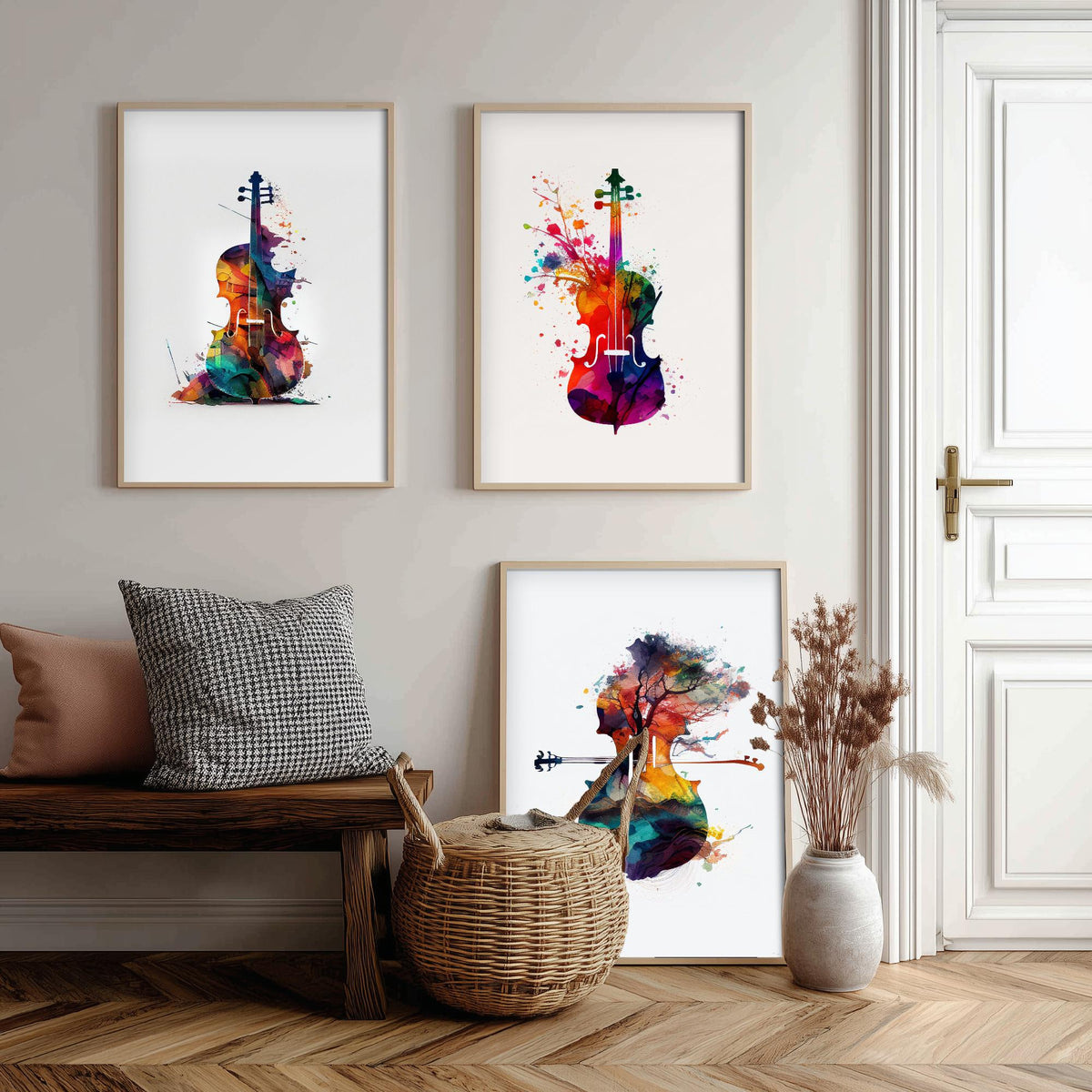 Rainbow Violin Watercolour Set of Three Art Prints - Paint Splash Violin, Blossom Violin, Tree Landscape Violin - Music Poster