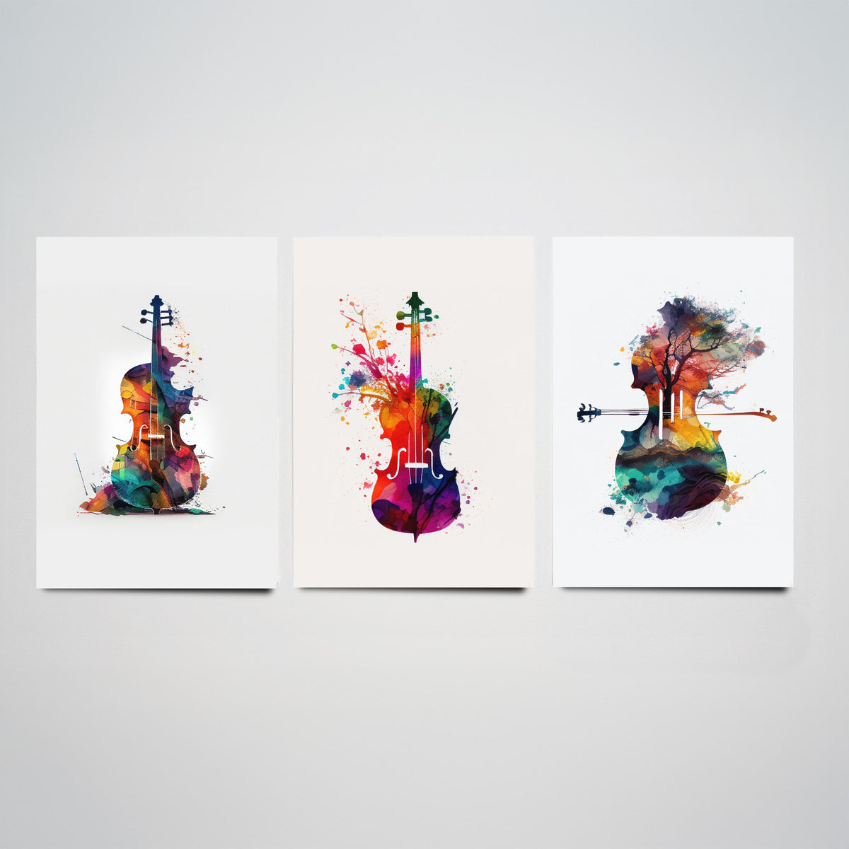 Rainbow Violin Watercolour Set of Three Art Prints - Paint Splash Violin, Blossom Violin, Tree Landscape Violin - Music Poster