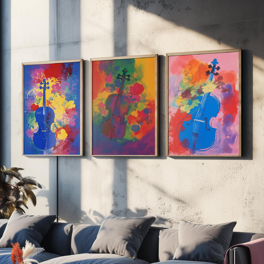 Violins After Matisse Set of Three Art Prints - Cobalt, Rose and Pink Violin Studies - Fauvist Music Poster Illustration